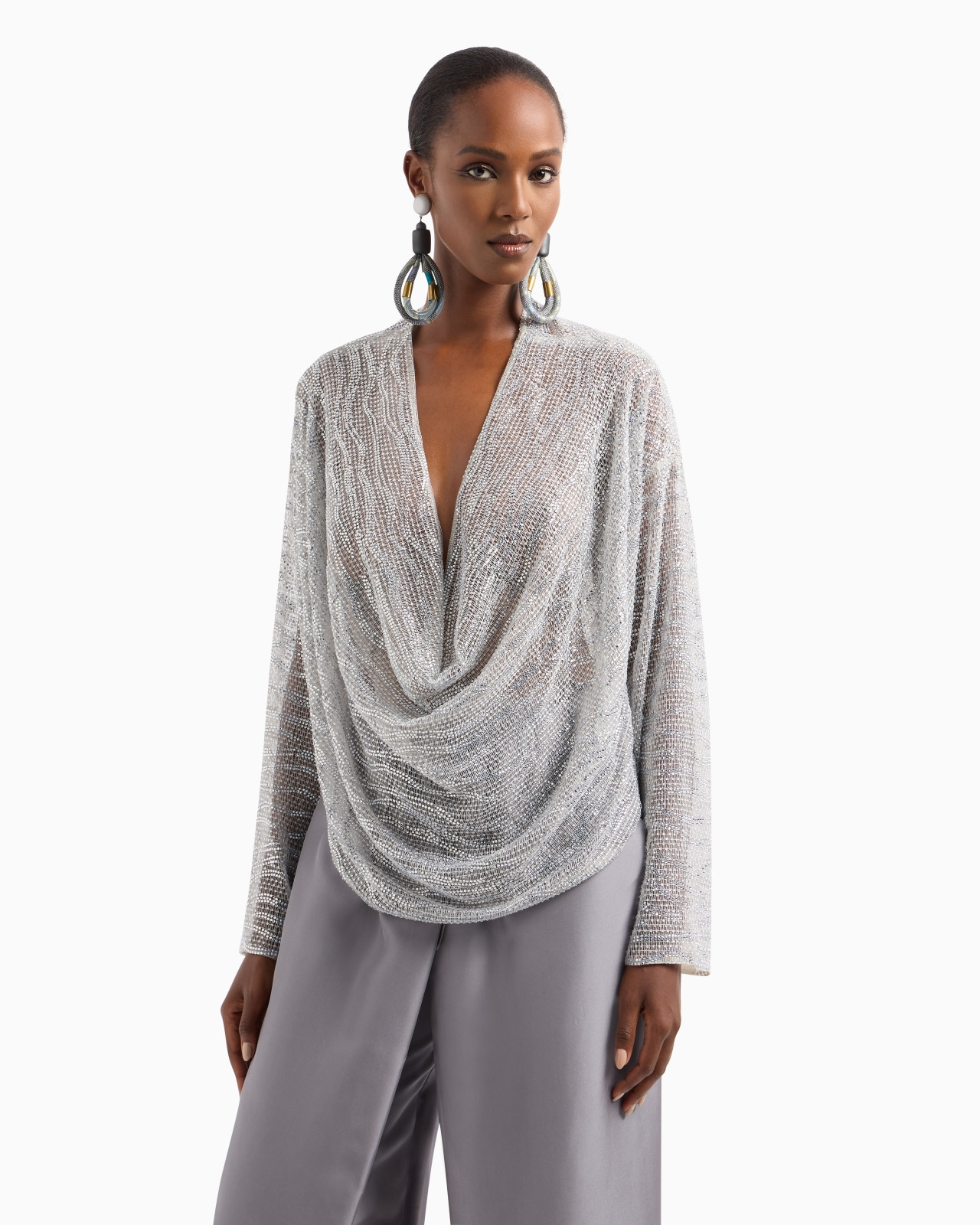 DRAPED BLOUSE WITH LUREX AND CRYSTAL EMBROIDERY - 4