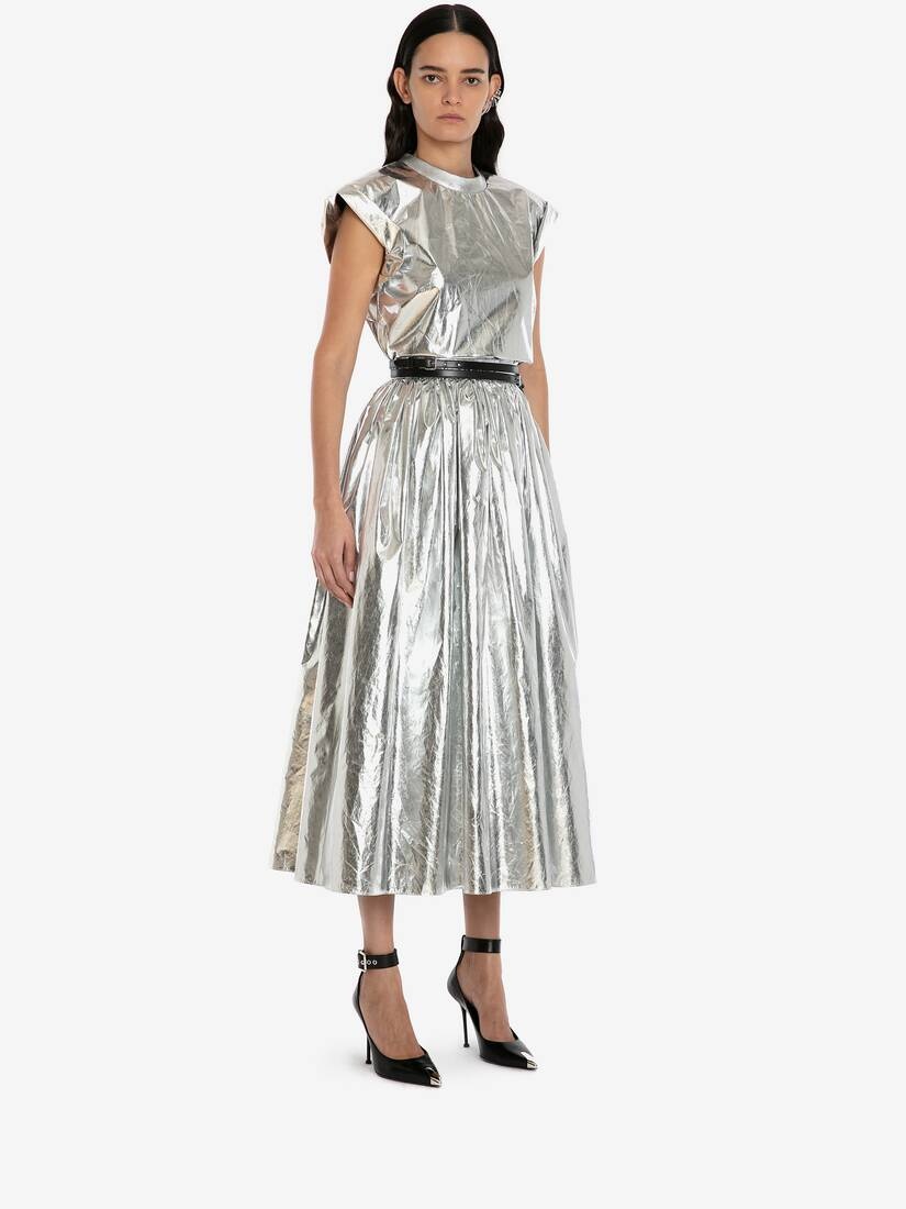 Gathered Midi Skirt in Silver - 3