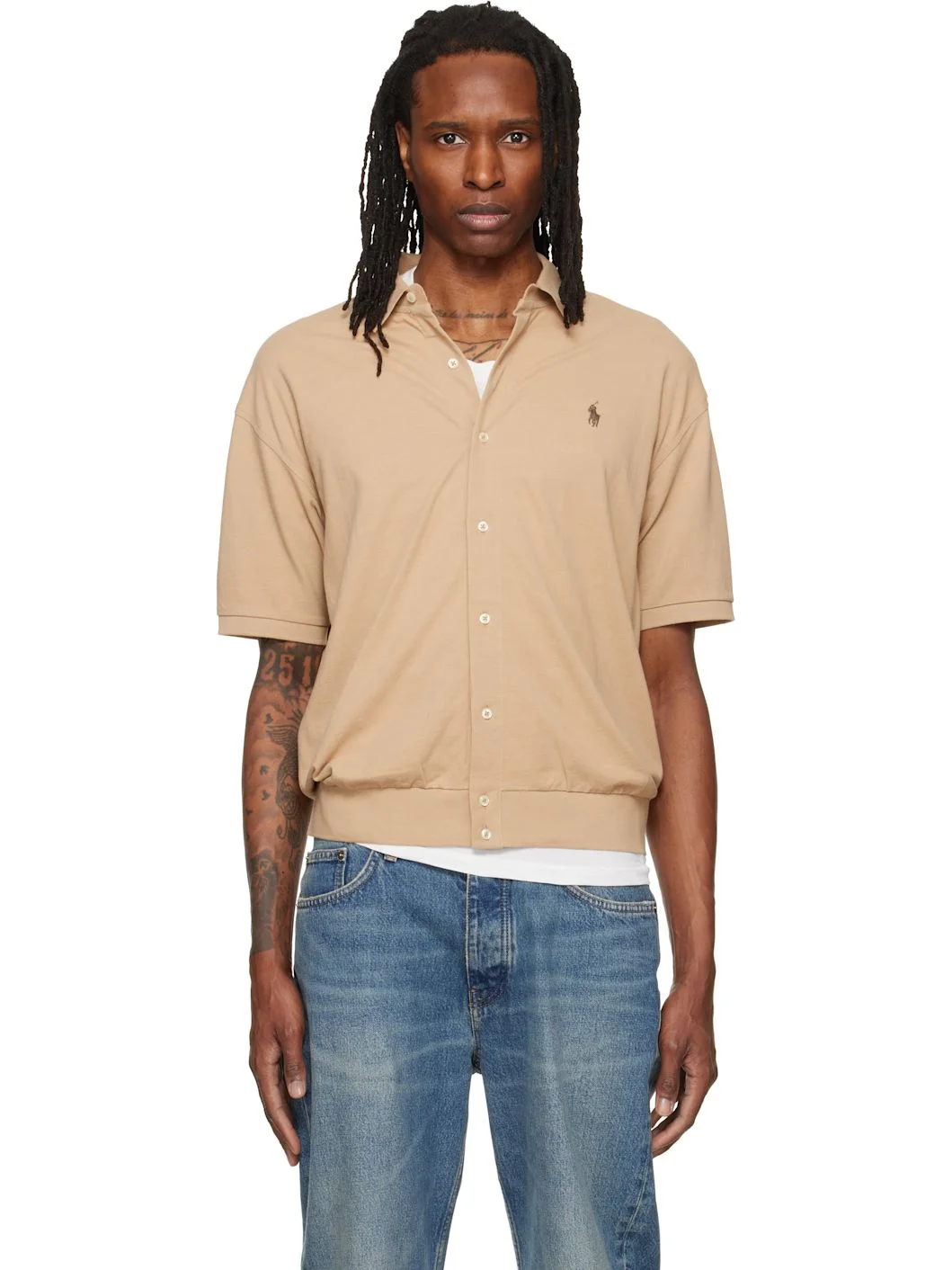 Beige Short Sleeve Collared Sport Shirt - 1