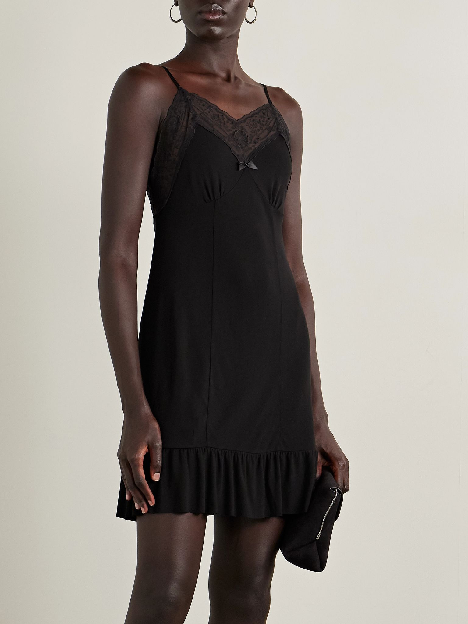 Embroidered tulle-trimmed crepe mini dress Black - 3
