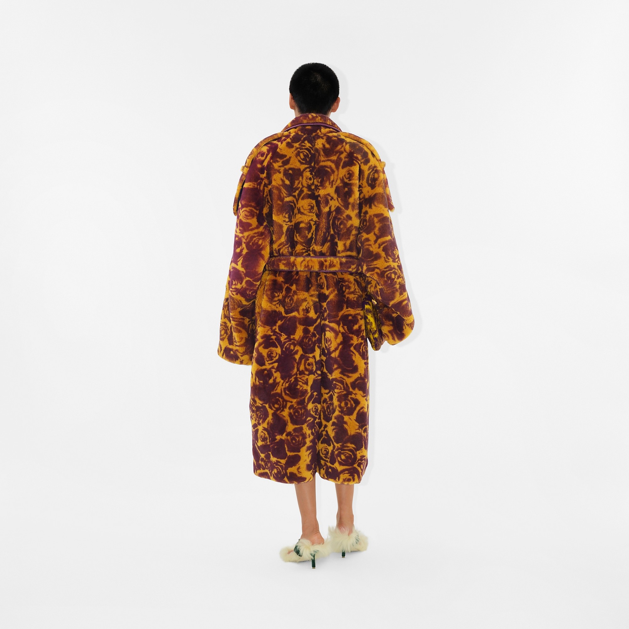 Rose Print Shearling Trench Coat - 4