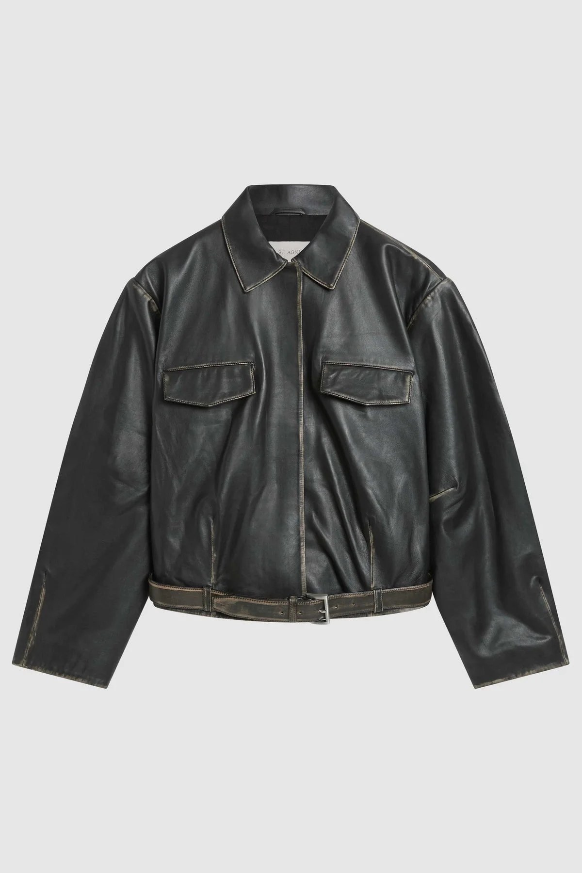 Brushed Leather Belted Jacket - Black - 1