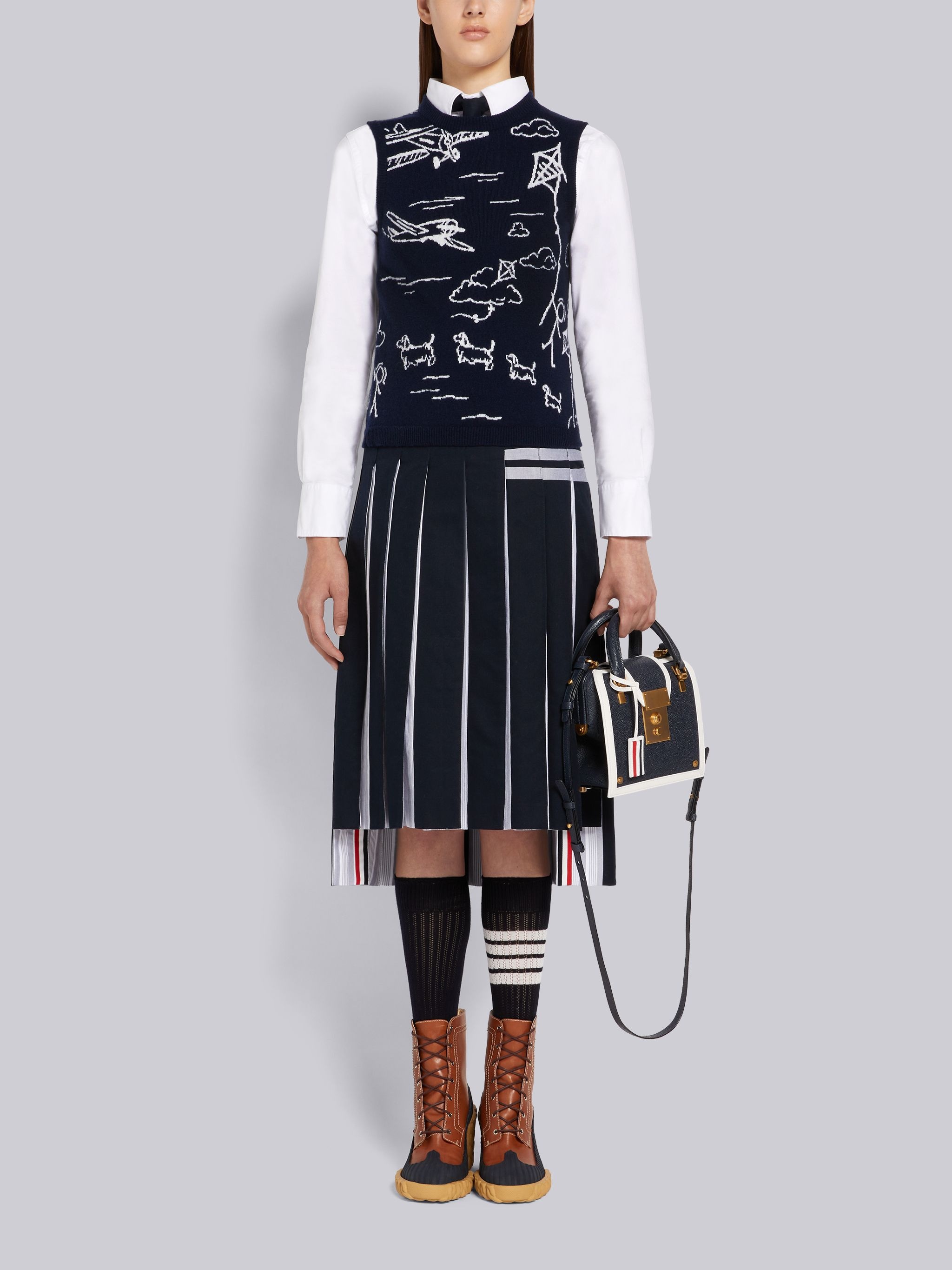 Navy Sky Toile Intarsia Cashmere Silk Lined Shell Top - 4