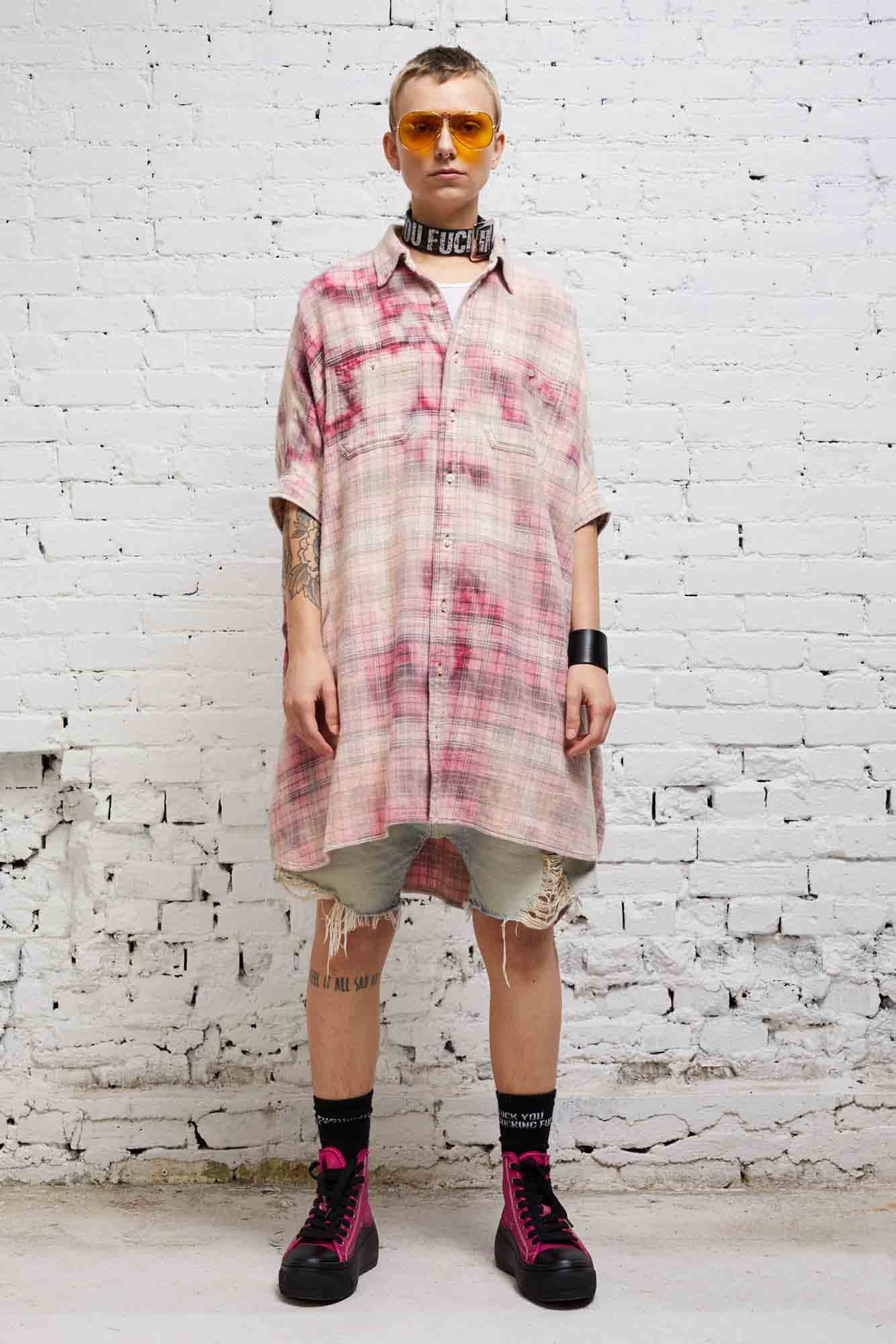 OVERSIZED BOXY SHIRTDRESS - BLEACHED RED PLAID - 1