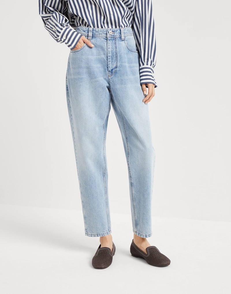 Authentic denim baggy tapered trousers with monili 1