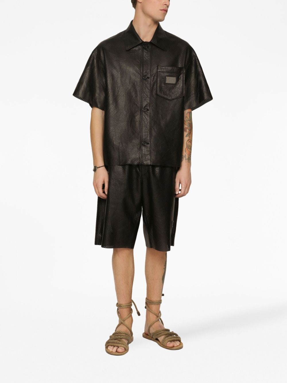 logo-plaque leather shirt - 3