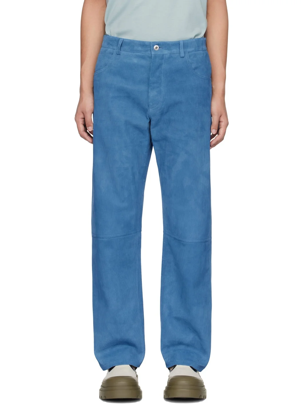 Blue Embossed Corduroy Suede Trousers - 1