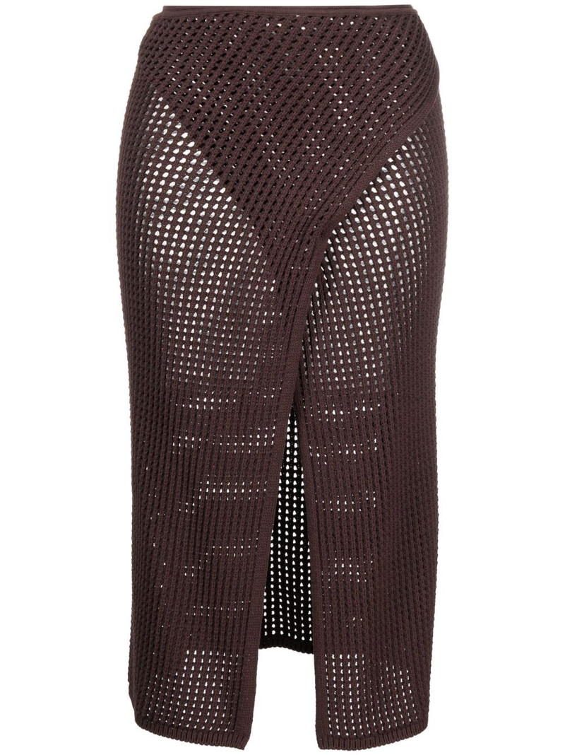 front-slit crochet-knit midi skirt 1