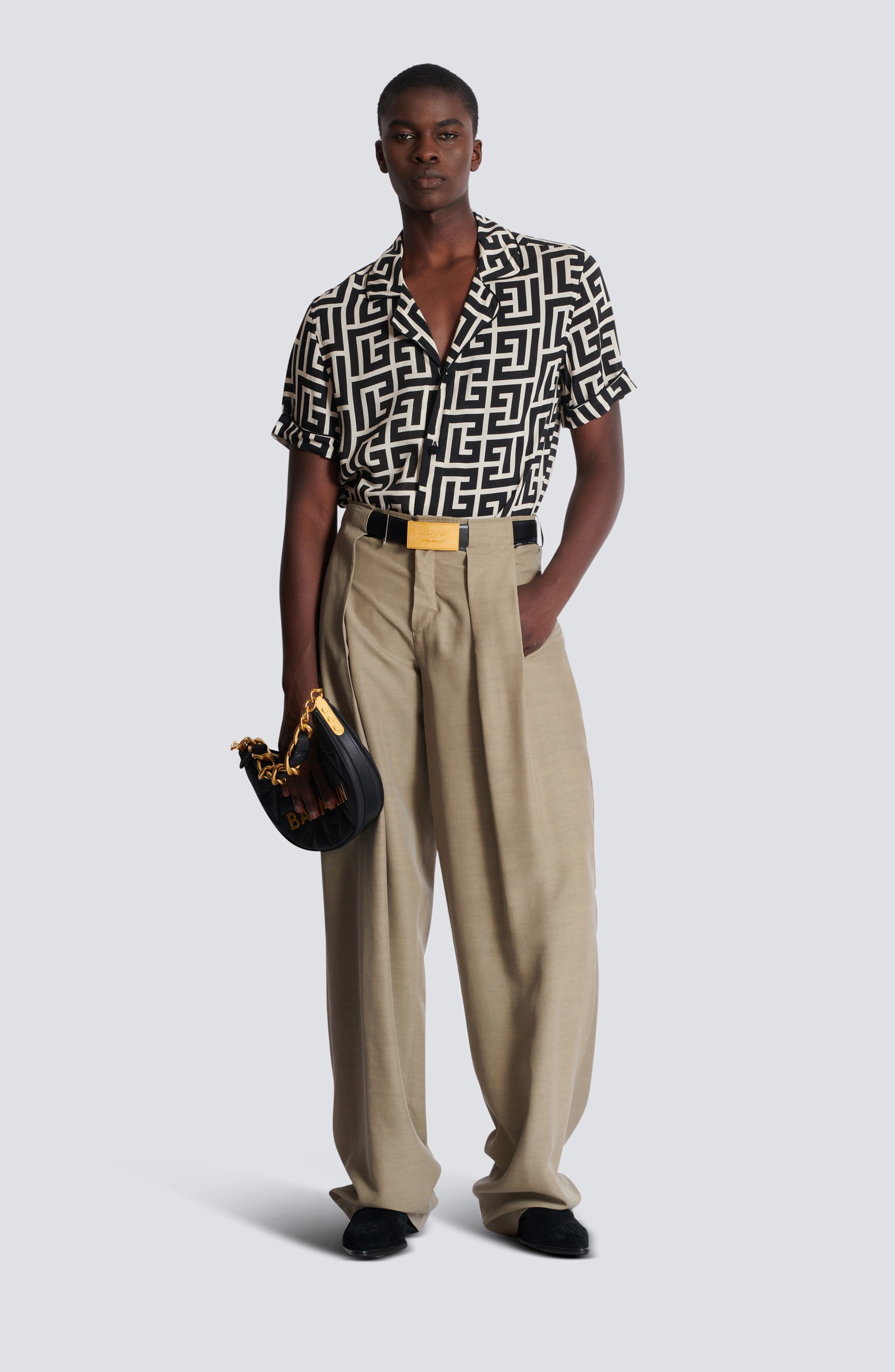 Balmain Macro Monogram Pajama Shirt in Gfe Ivory/Black at Nordstrom - 4