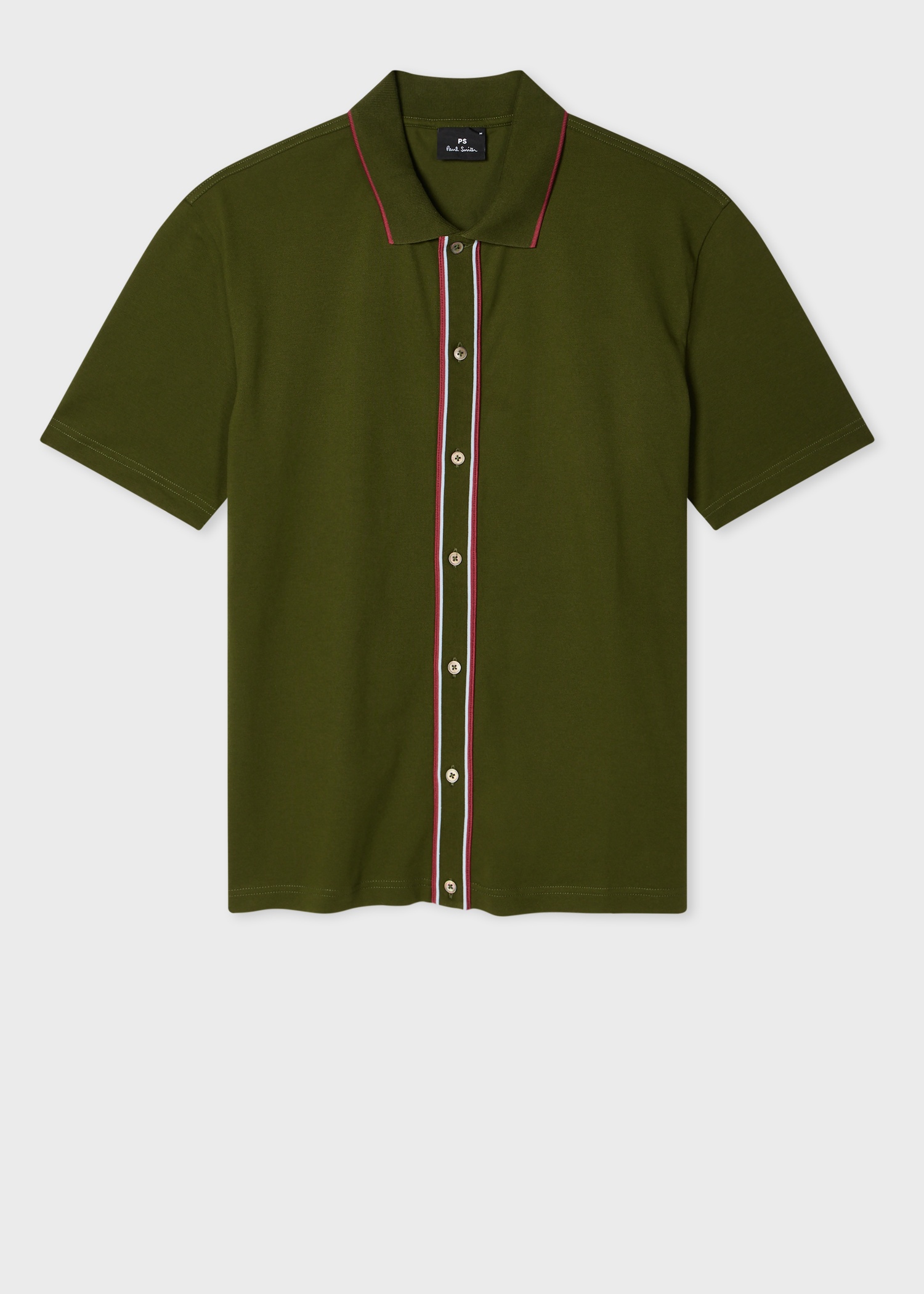 Khaki Green Button-Front Stretch-Cotton Polo Shirt - 1