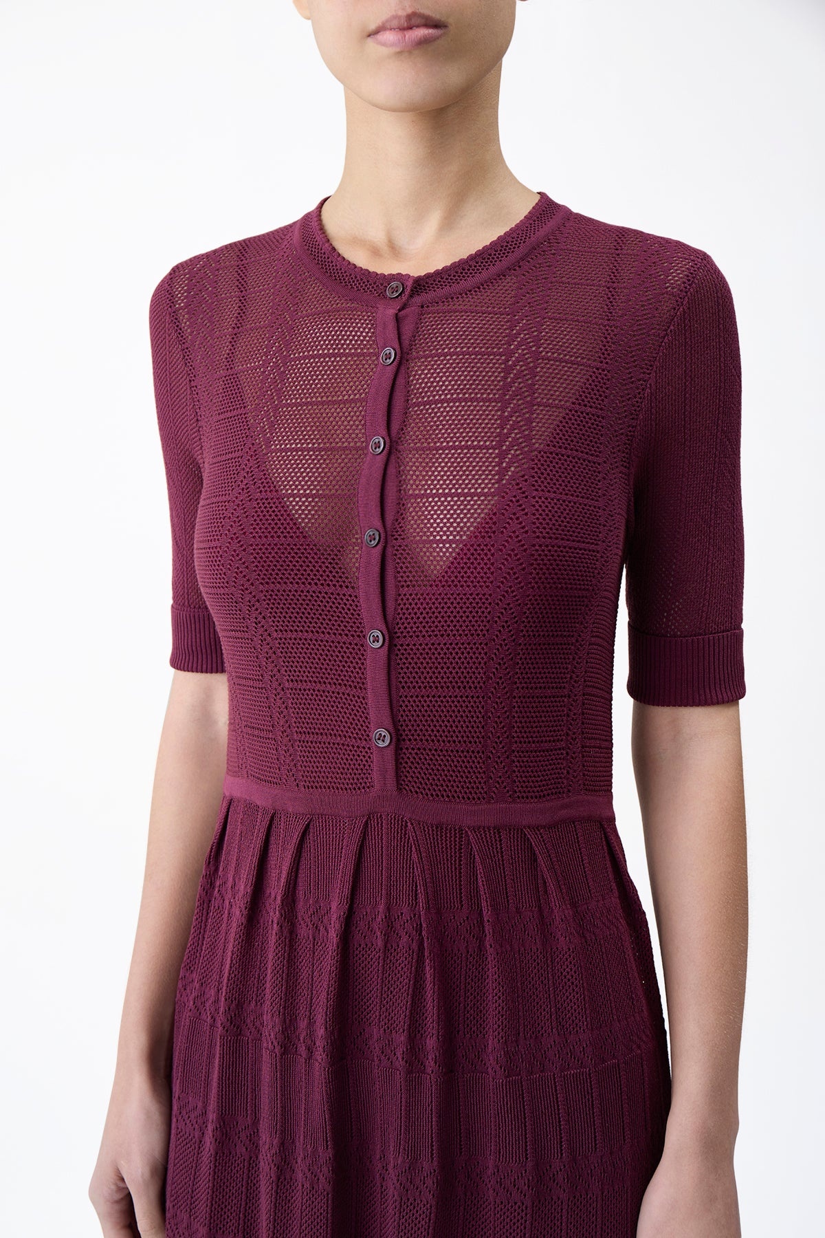 Iris Pointelle Knit Dress with Slip in Bordeaux Cotton Silk - 4