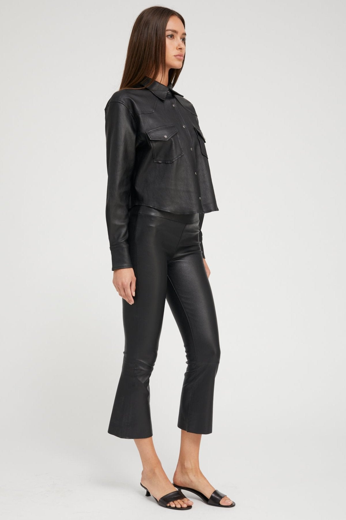 BLACK LEATHER CROPPED WESTERN BUTTON DOWN - 3