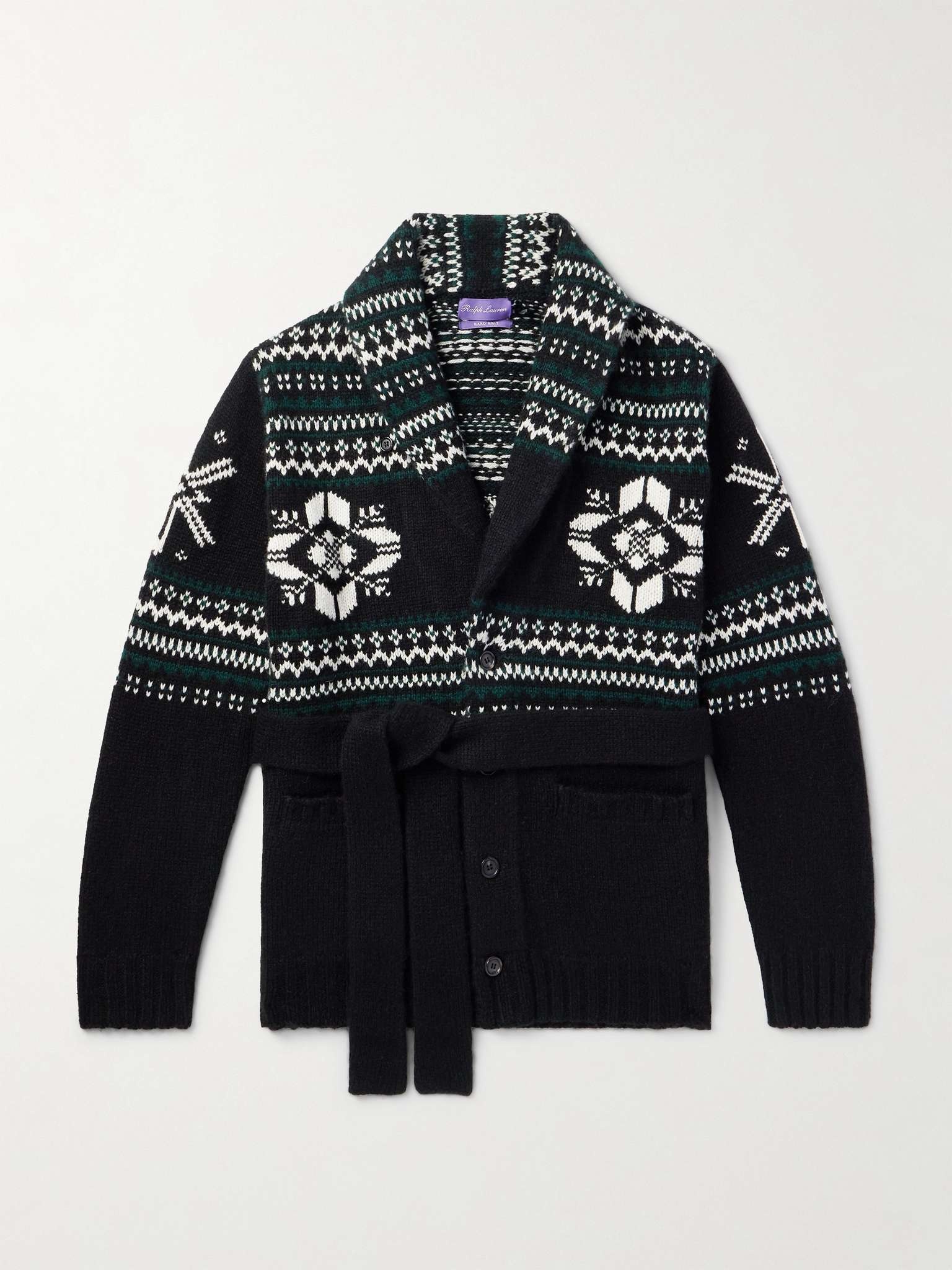Shawl-Collar Belted Jacquard-Knit Cashmere Cardigan - 1