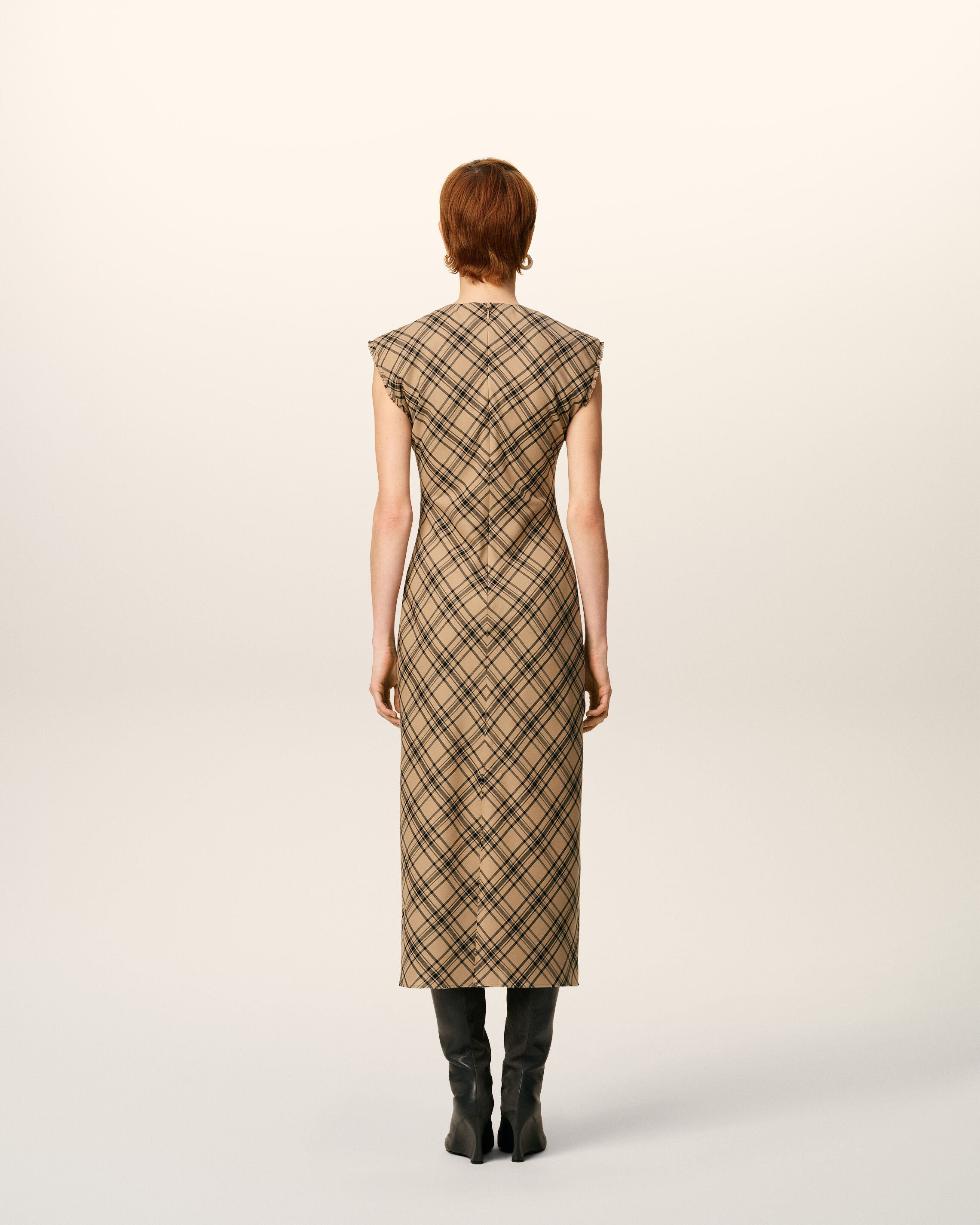 BROWN WOOL LONG CHECKED DRESS - 5