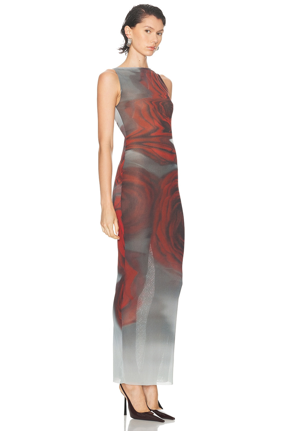 Boat Neck Blurry Roses Printed Sleeveless Dress - 2