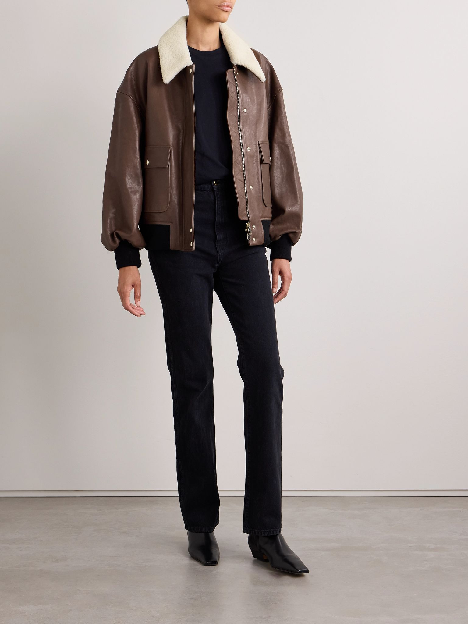 Shellar oversized shearling-trimmed leather jacket Brown - 2