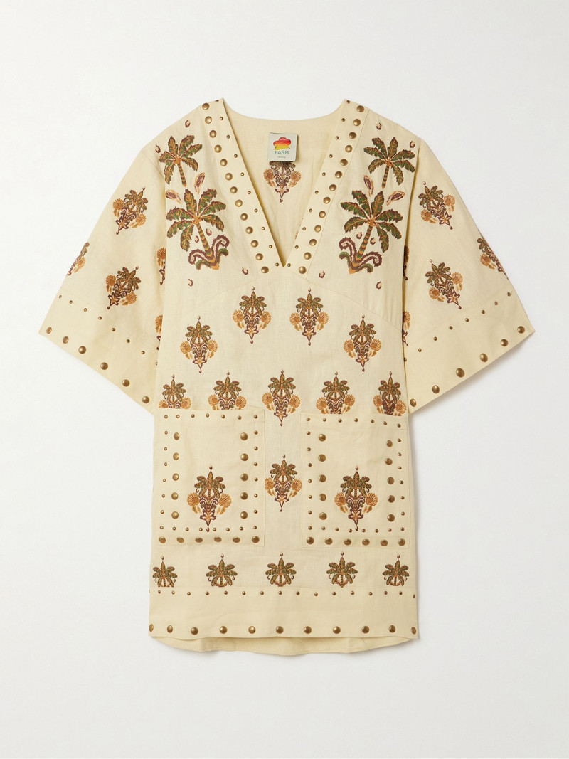 Studded embroidered linen mini dress Beige 1