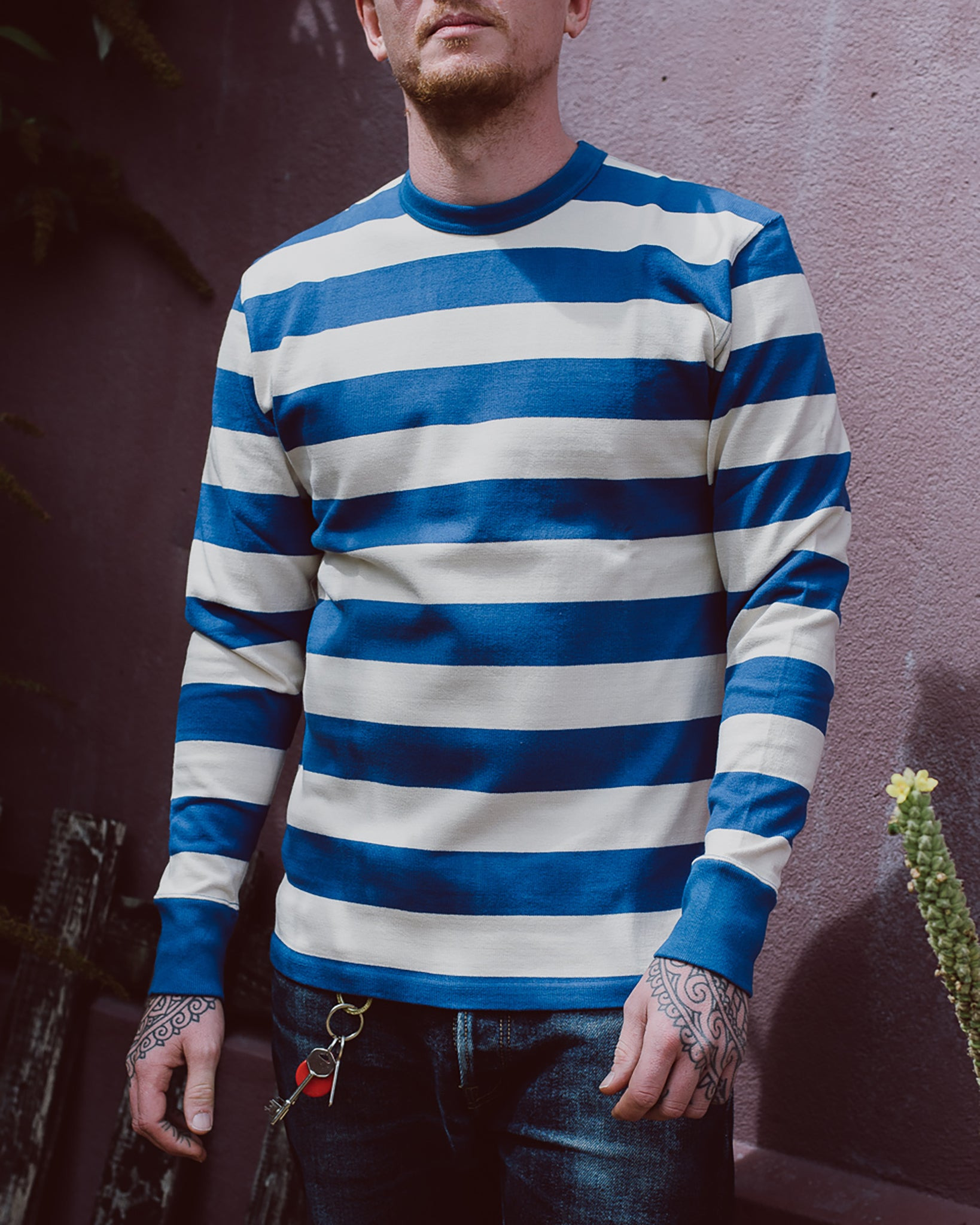 IHTB-01-BLU-WHT 11oz  Knitted Cotton Long-Sleeved Sweater - Blue/White - 4