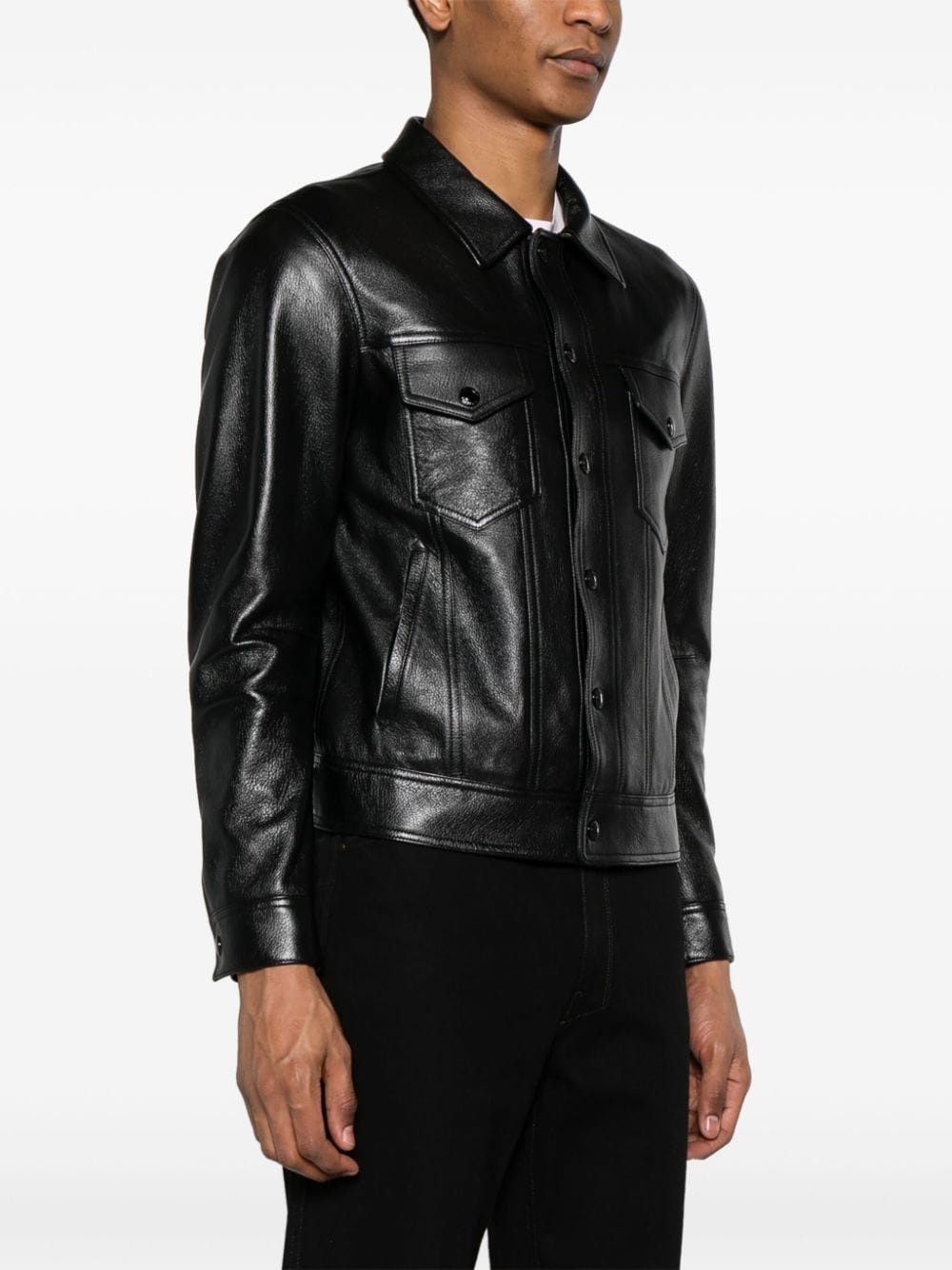 classic-collar leather jacket - 3