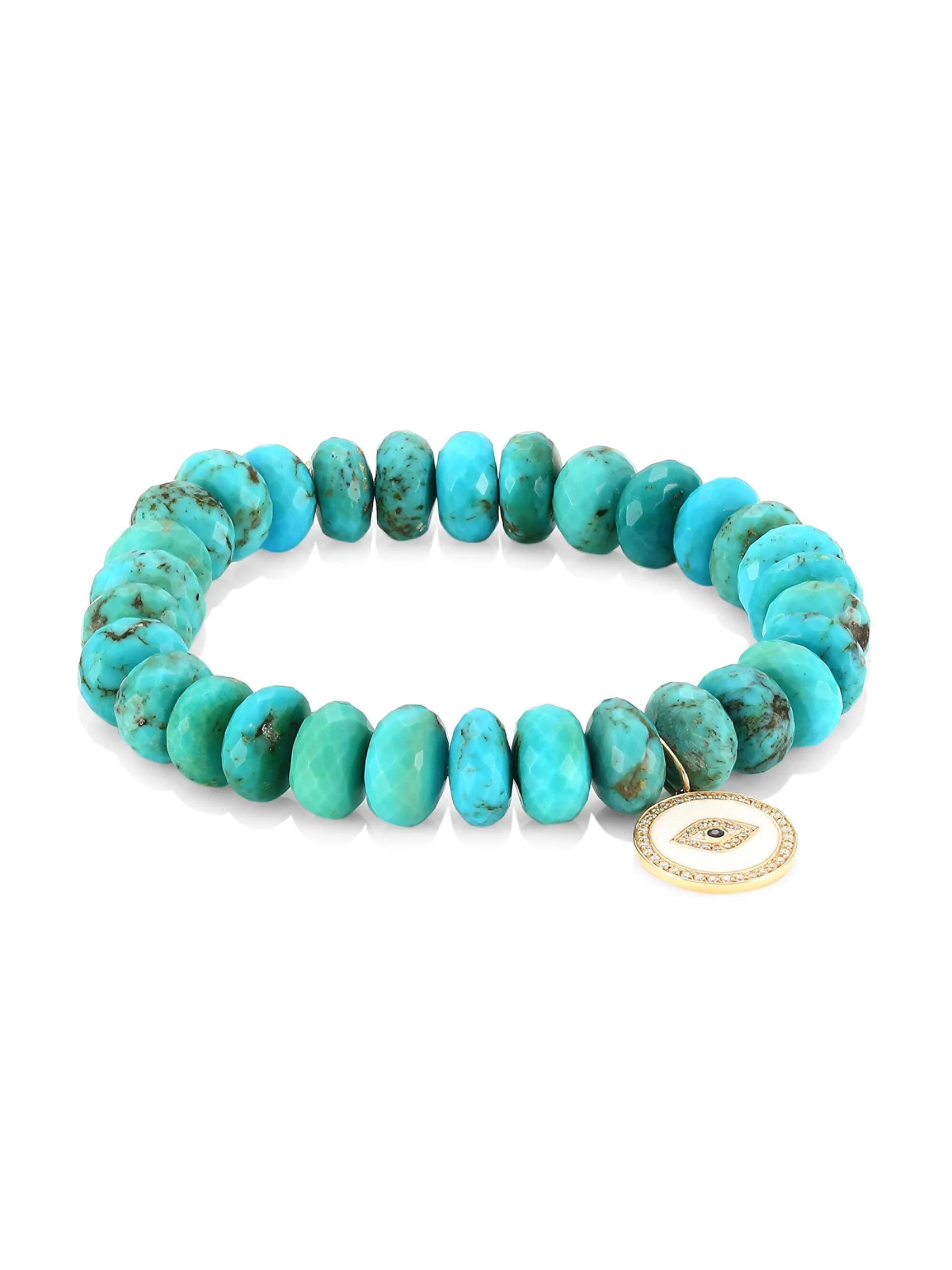 Women's 14K Yellow Gold, 0.18 TCW Diamond, Sapphire & Turquoise Evil Eye Beaded Bracelet - Turquoise - 1