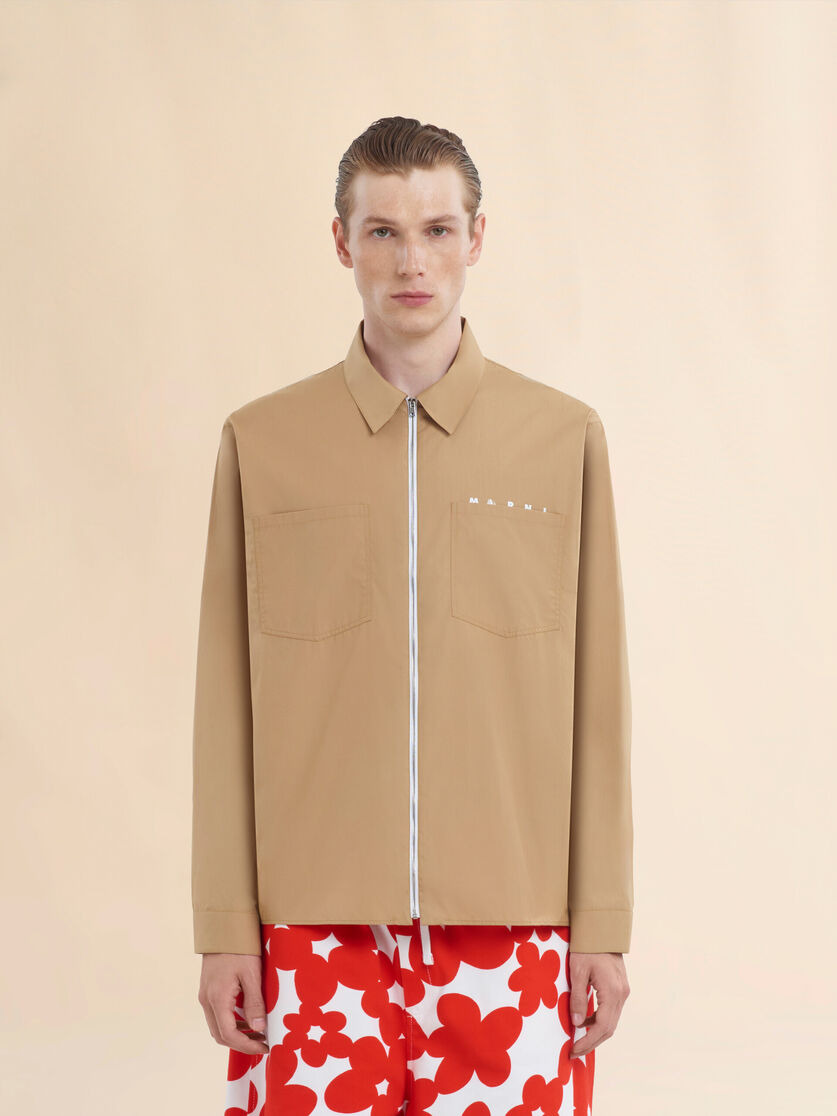 BEIGE ORGANIC POPLIN ZIP SHIRT WITH HIDDEN LOGO - 2