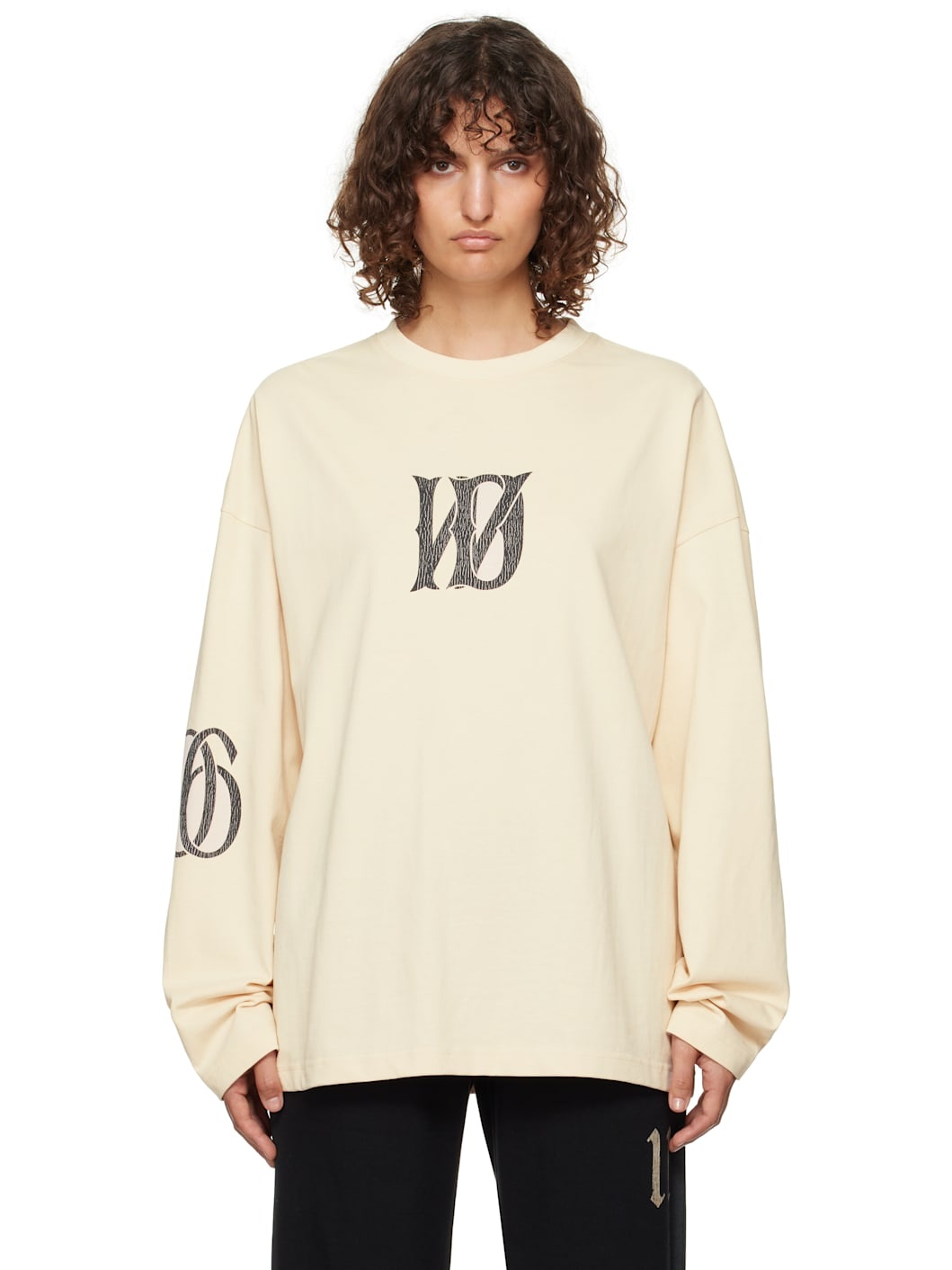 Beige Letter Logo Print Long-Sleeved T-shirt - 1