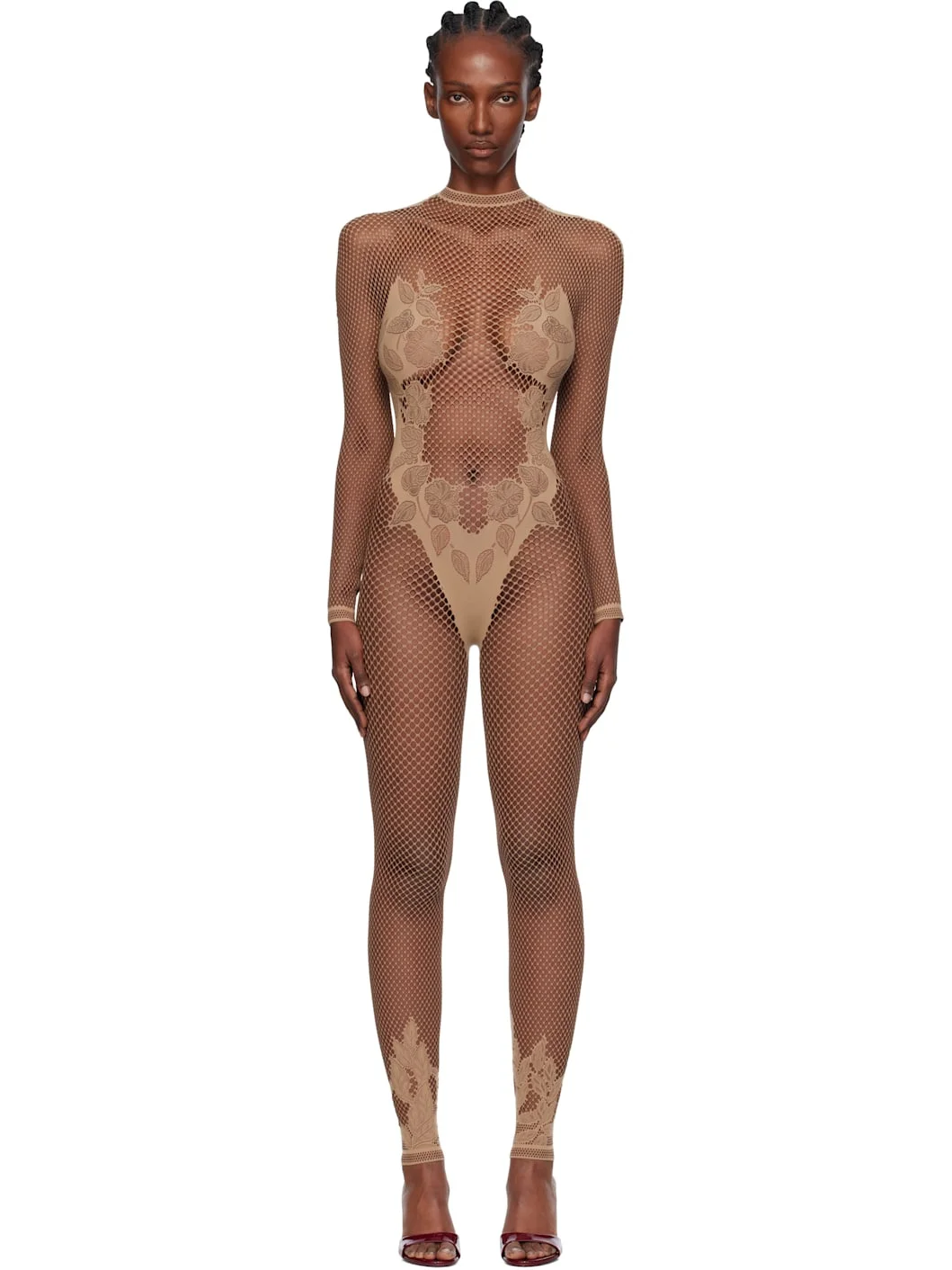 Beige Leaves Fishnet Capri Jumpsuit - 1