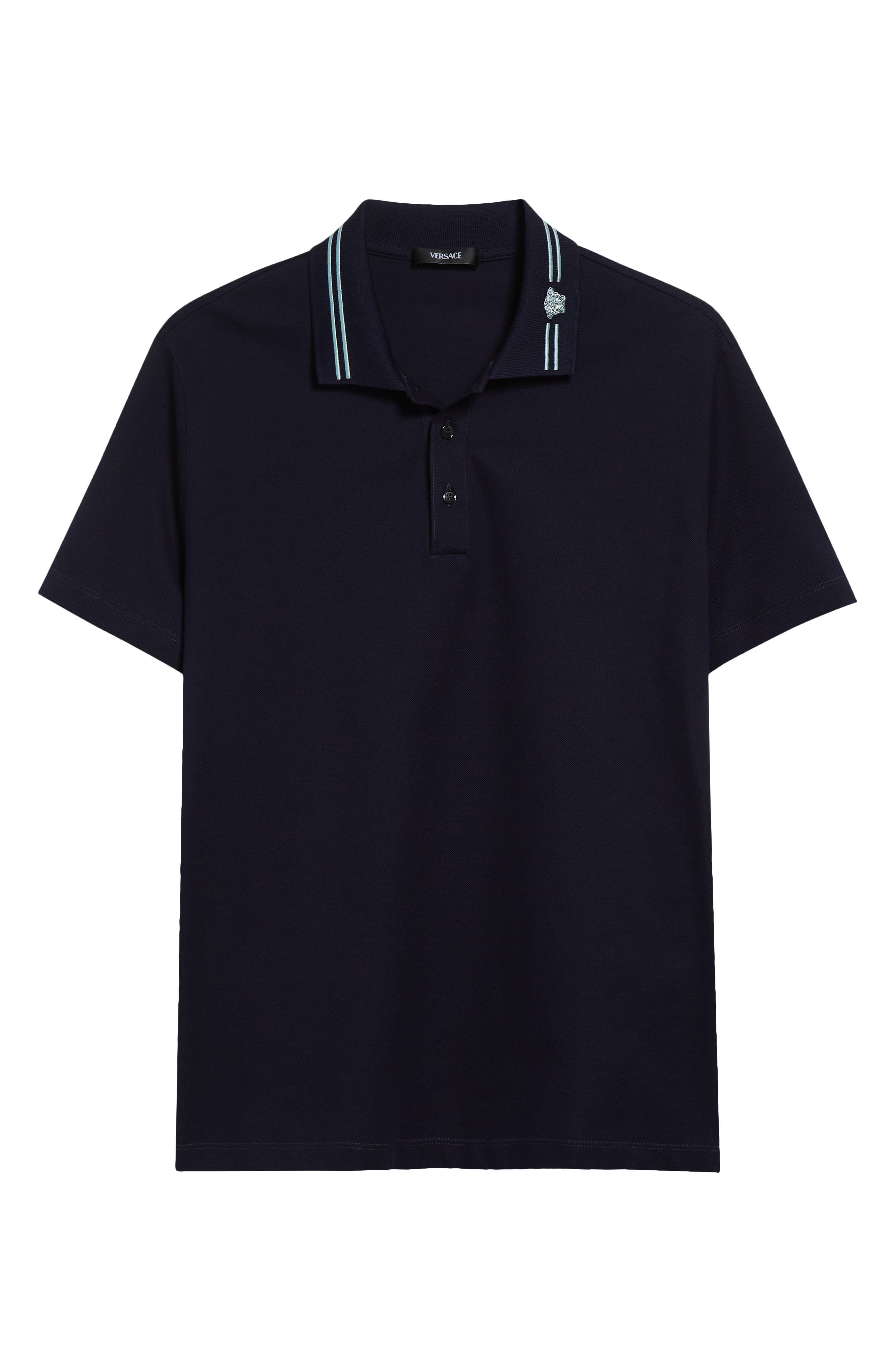 Versace Stripe Collar Cotton Piqué Polo in Navy Blue at Nordstrom - 5
