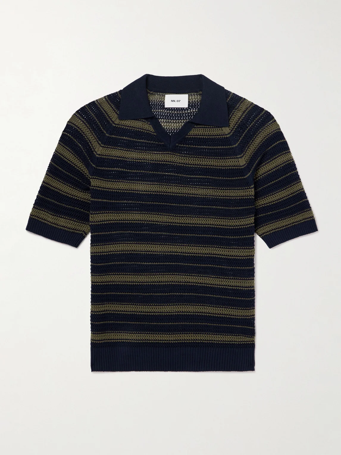 Cale 60056 Striped Pointelle-Knit Linen and Cotton-Blend Polo Shirt - 1