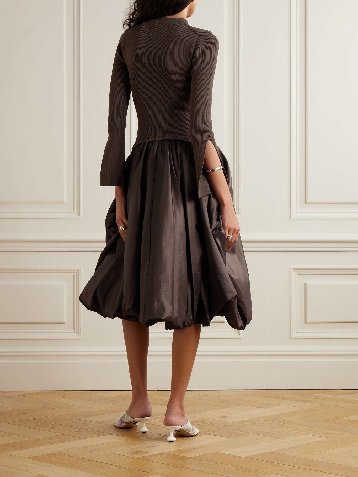SIMKHAI Kenlie ribbed-knit and pleated taffeta midi dress - 524-1131-B |  REVERSIBLE