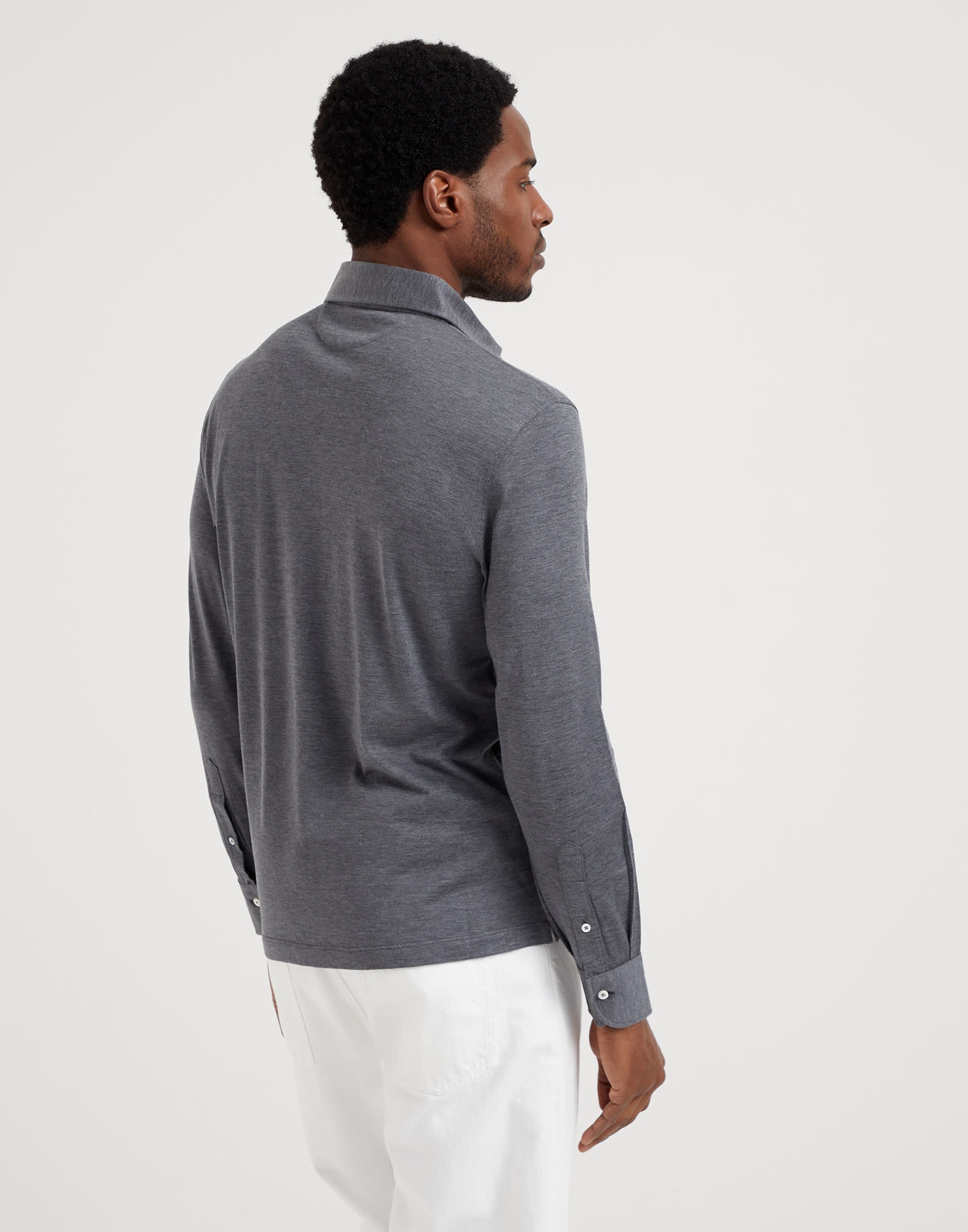 Silk and cotton lightweight jersey long sleeve polo with shirt-style collar - 2