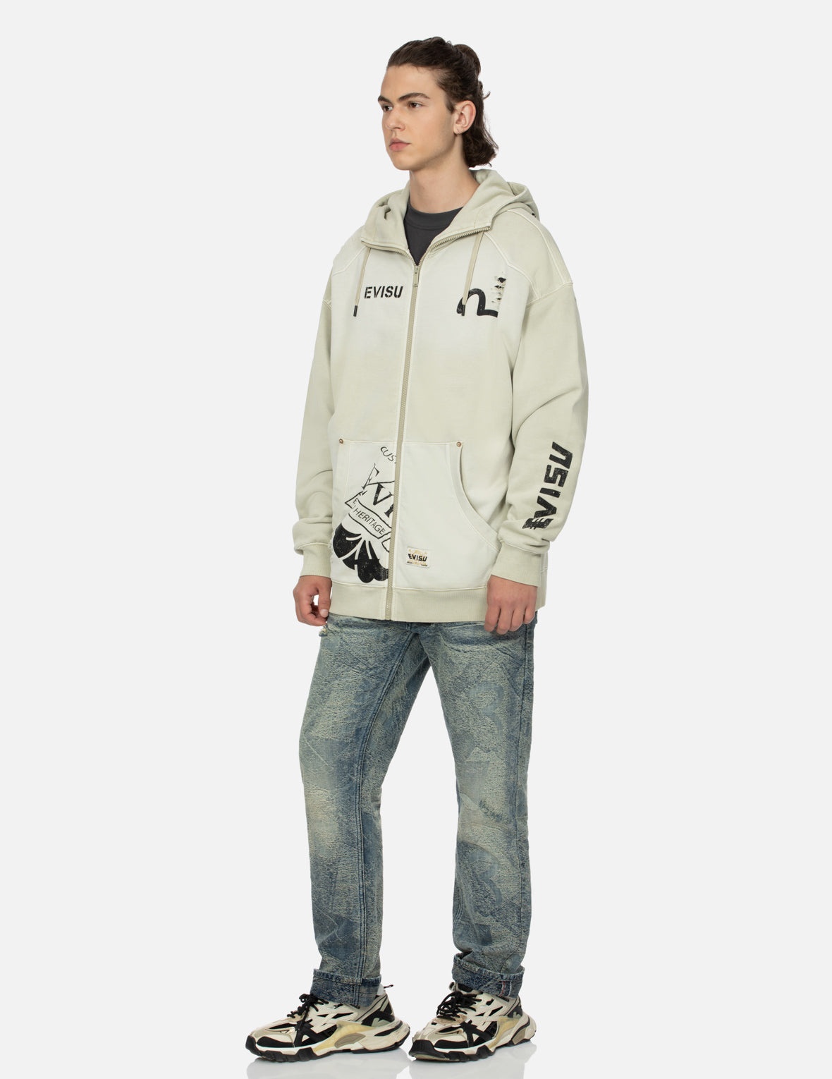 Multi Logos Print Loose Fit Washed Zip-Up Hoodie - 3