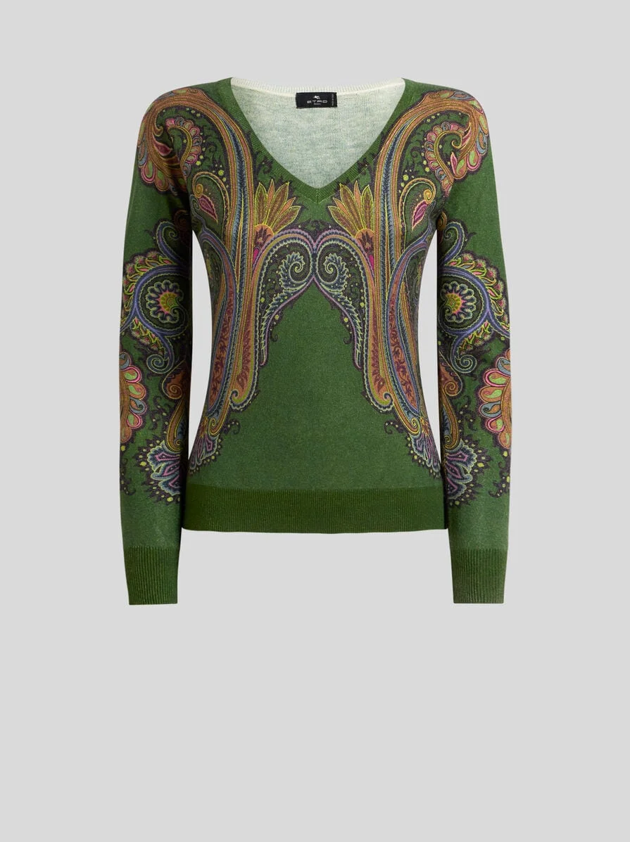 SILK AND CASHMERE SWEATER WITH V-NECK AND PLACED PAISLEY PRINT - 1