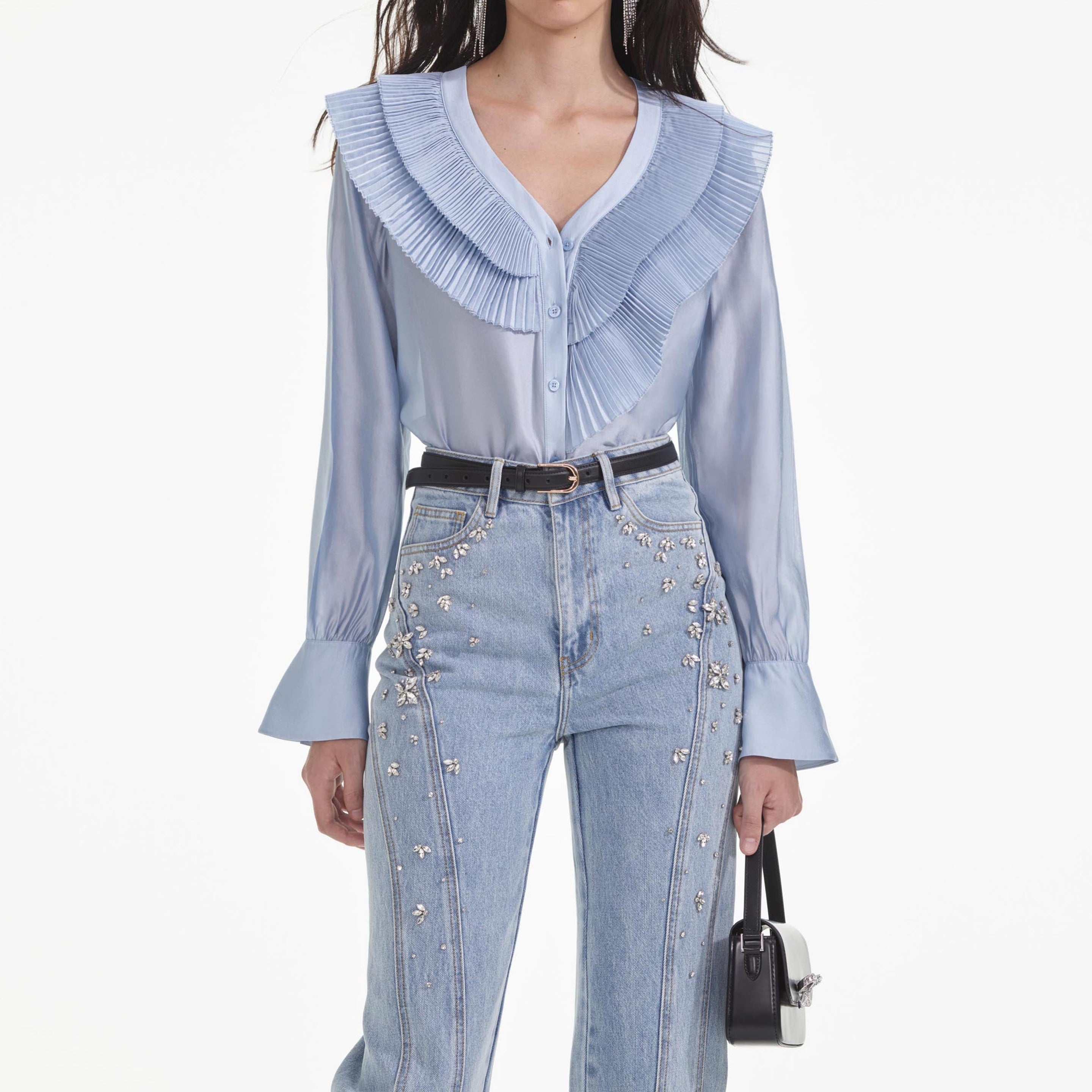 Blue Satin Organza Blouse - 4