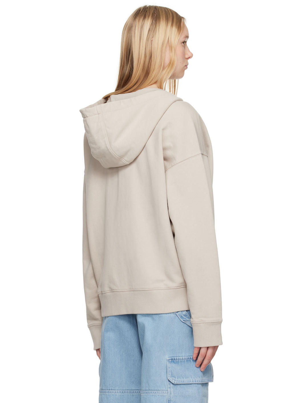Beige Bold Fox Head Patch Fullzip Oversize Hoodie - 3
