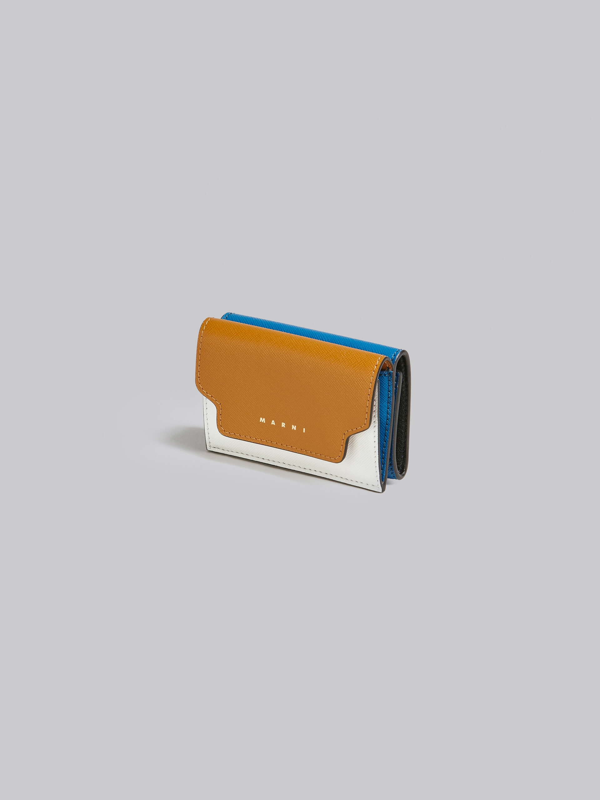 BROWN WHITE AND BLUE SAFFIANO LEATHER TRI-FOLD WALLET - 4