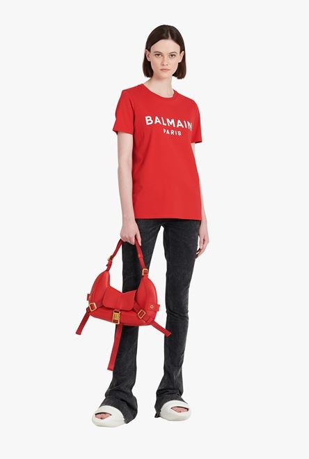 Red eco-designed cotton T-shirt with white Balmain logo print - 2