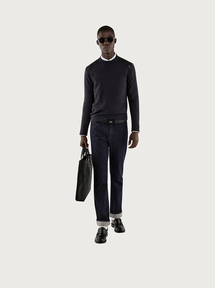 ROUND NECK SWEATER WITH NAPPA DETAILS - 2