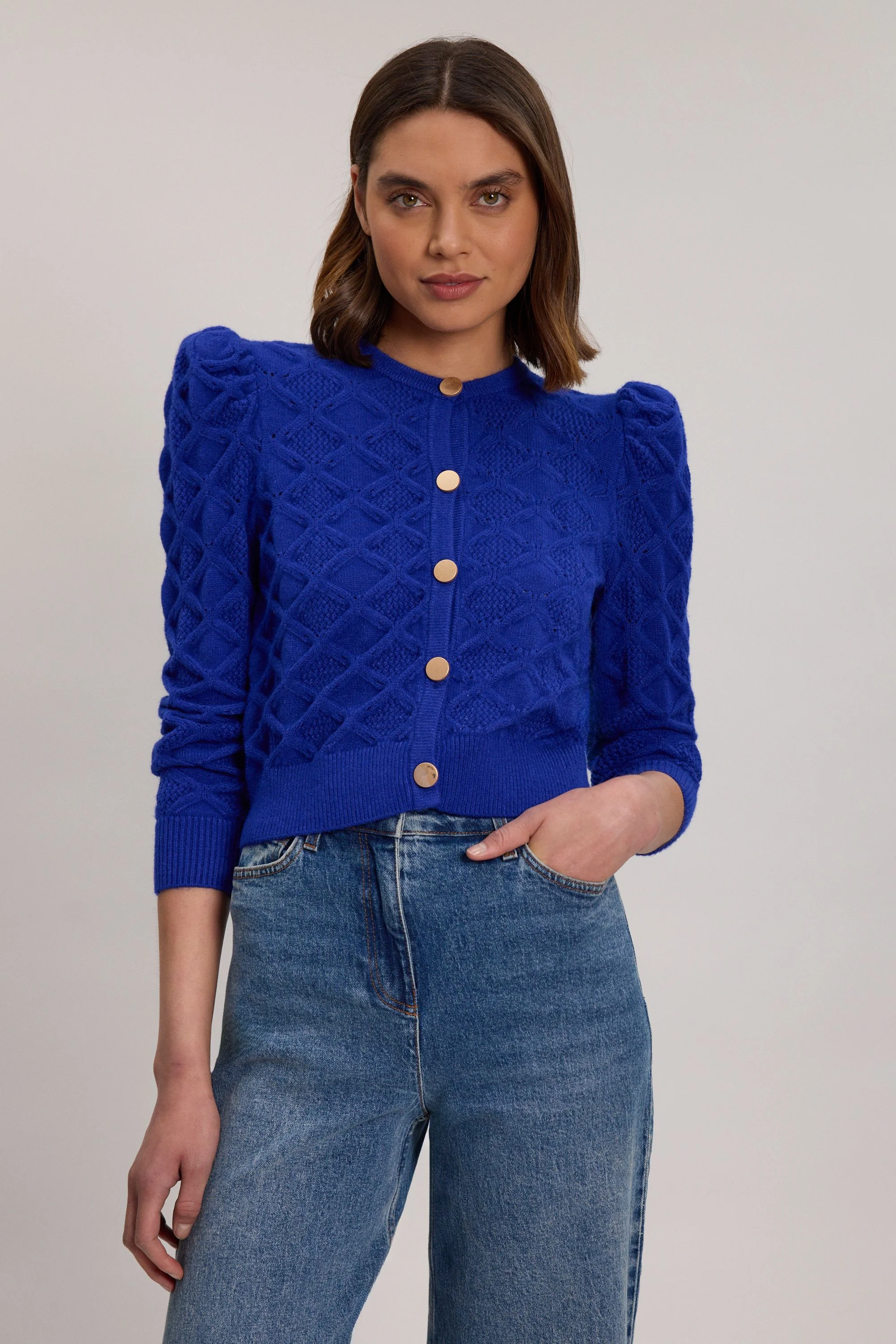Cable Stitch Puff Sleeve Knit Cardigan - 1
