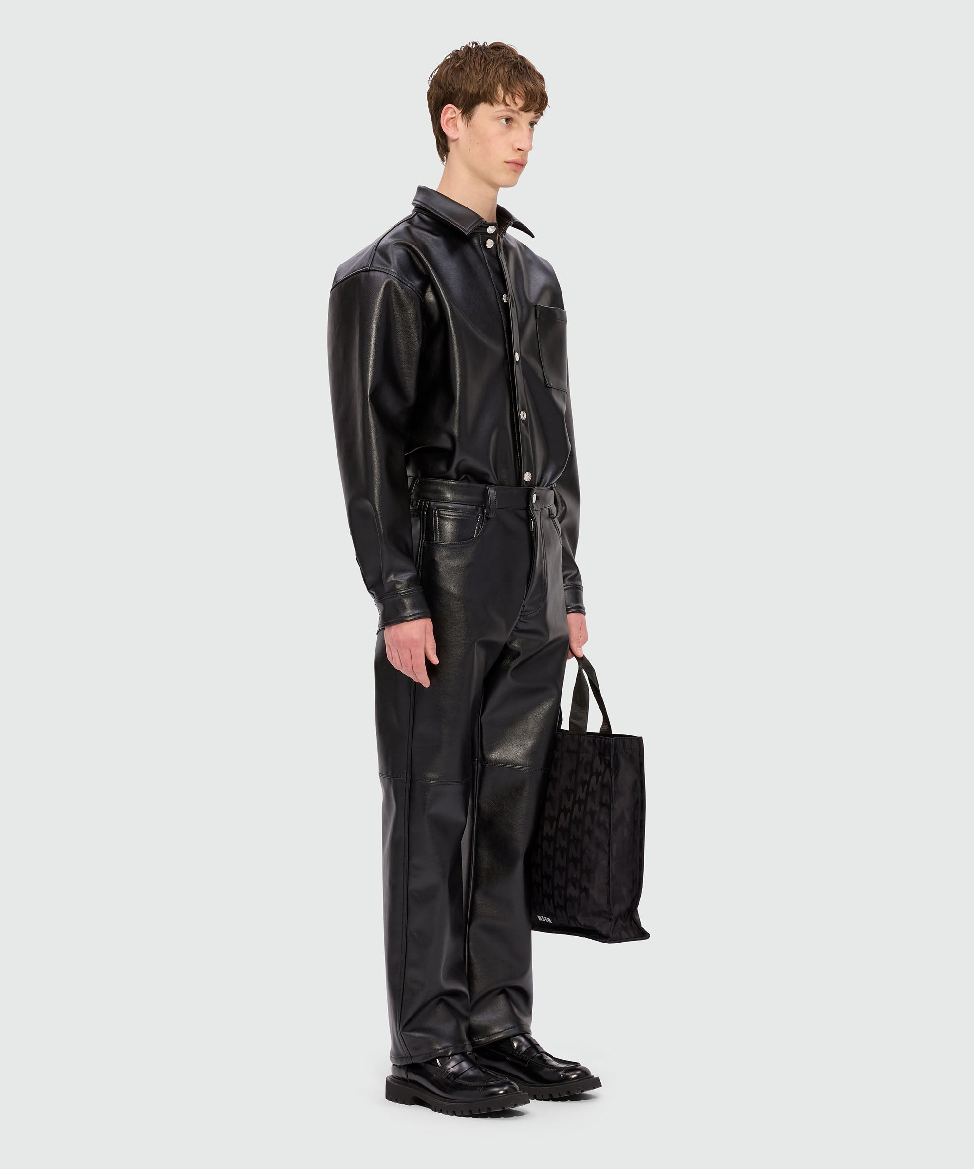 Black shirt with structured faux leather pocket - 4