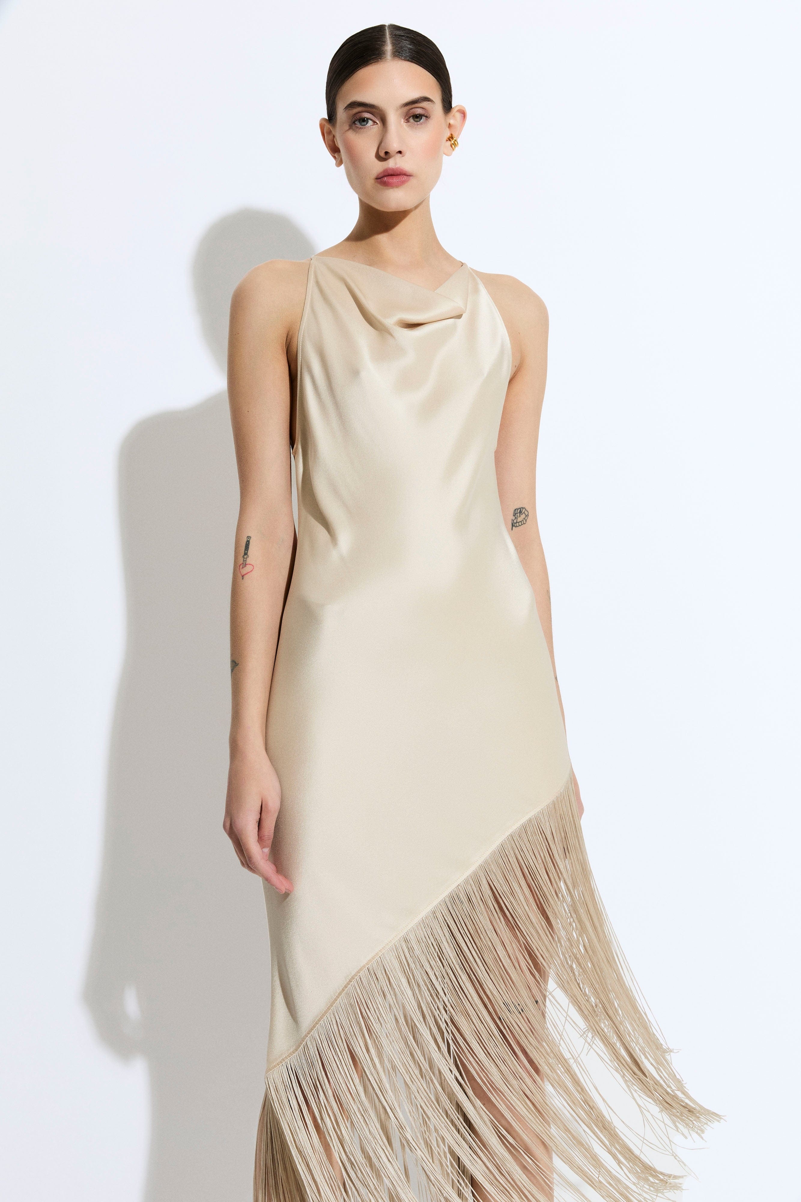 Satin Cowl Neck Fringe Dress - 4
