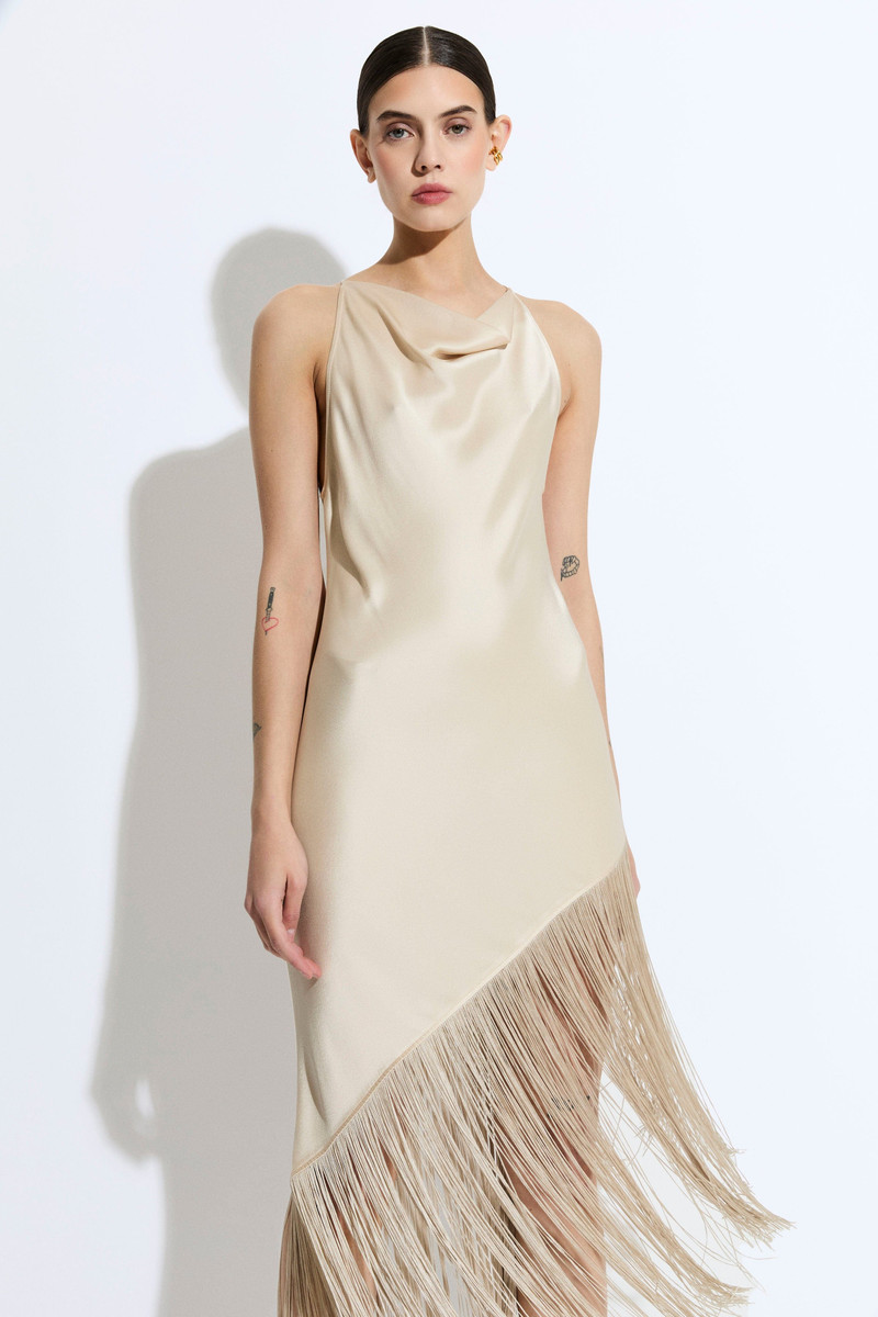 Satin Cowl Neck Fringe Dress 4