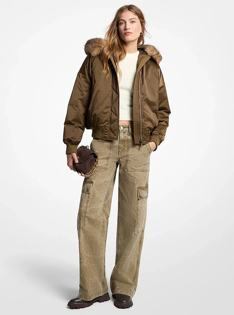 Faux Fur-Trimmed Satin Ciré Hooded Bomber Jacket - 1