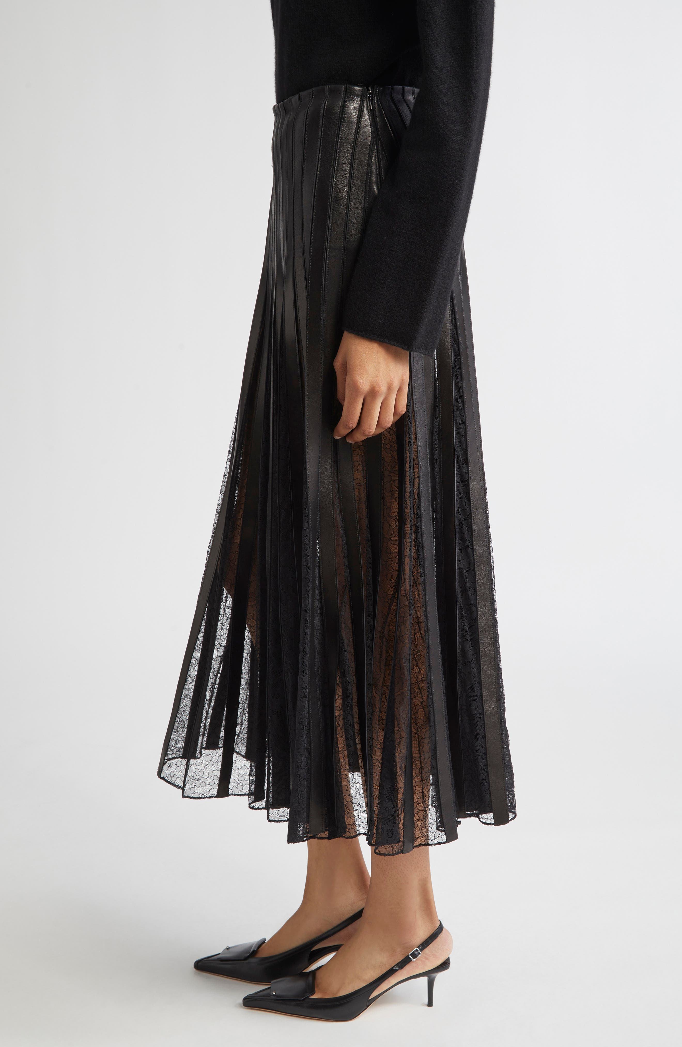 Brandon Maxwell Alix Leather Strip & Lace Skirt in Black at Nordstrom - 4
