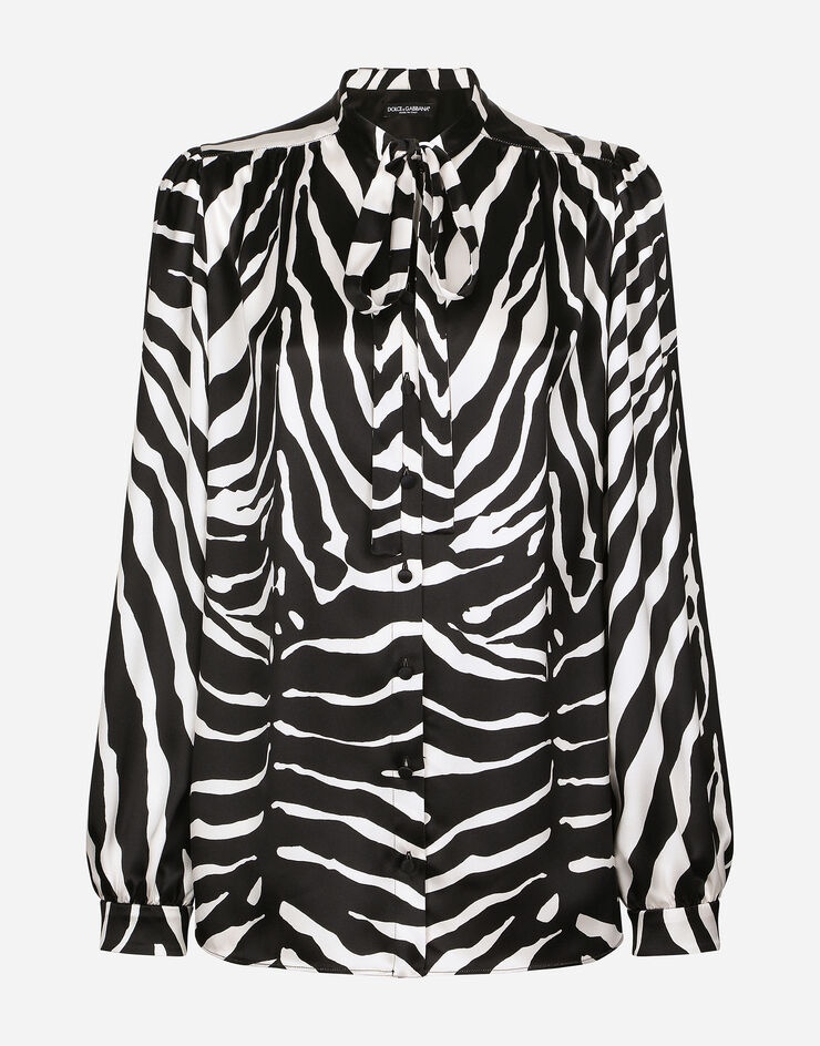 Zebra-print satin pussy-bow shirt - 1