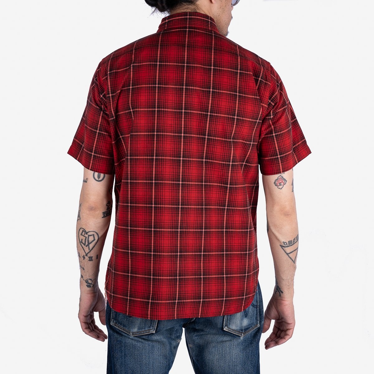 IHSH-392-RED 5oz Selvedge Short Sleeved Work Shirt - Red Vintage Check - 3