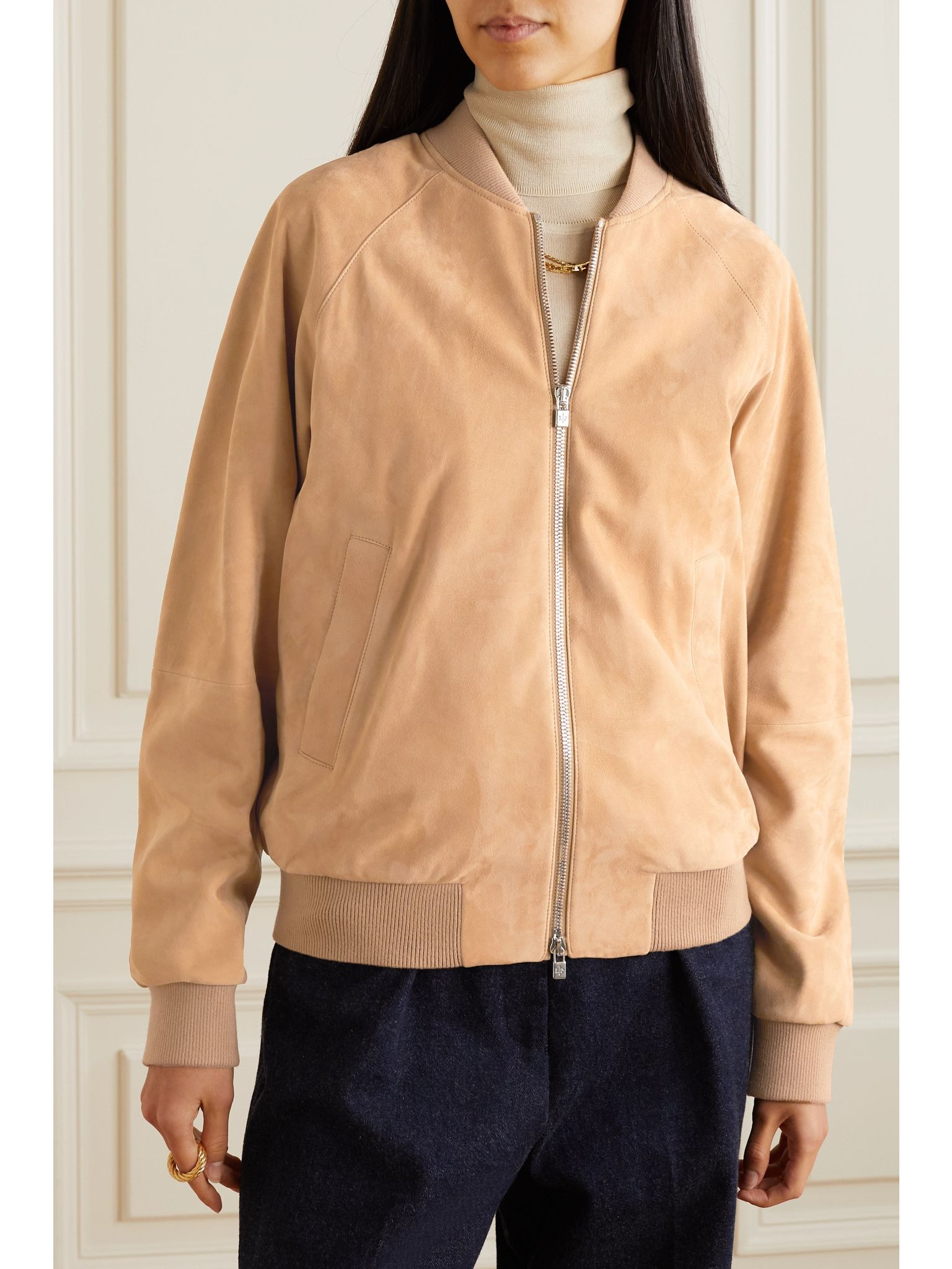 Ribbed cashmere-trimmed suede bomber jacket Beige - 3