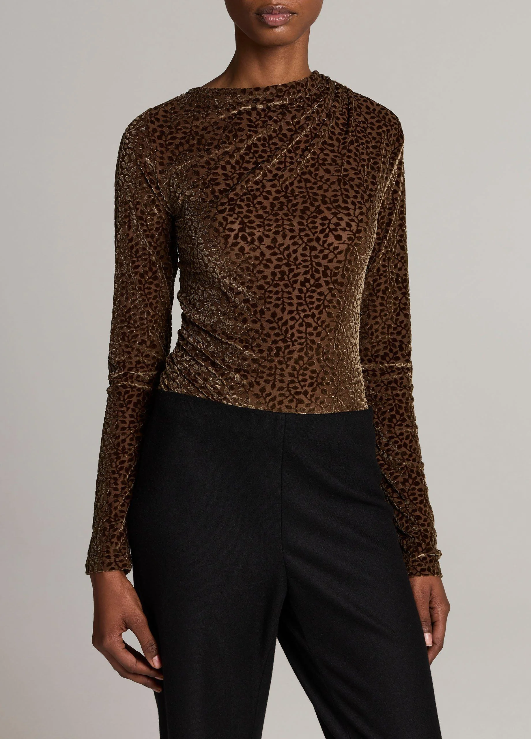Velour Burnout Draped Long-Sleeve Top - 1