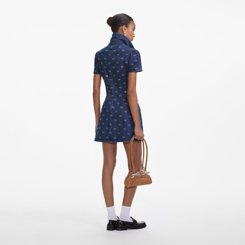 self-portrait Denim Diamante Bow Collared Mini Dress outlook