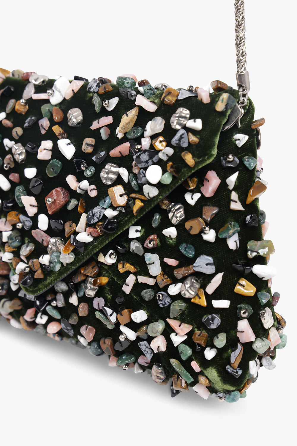 STONE EMBELLISHED SMALL ENVELOPE CLUTCH WITH DETACHABLE CHAIN | OLIVE/MULTI - 4